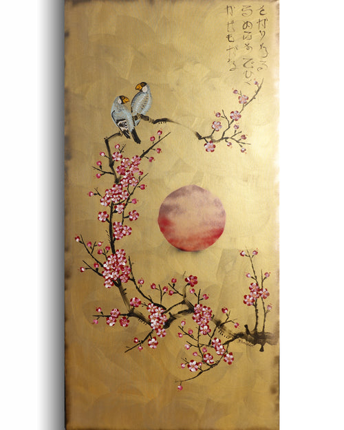 Bird and Sakura J441 is a large-scale Japanese-inspired gold painting
Original Acrylic Painting on unstretched canvas by artist Ksavera.
