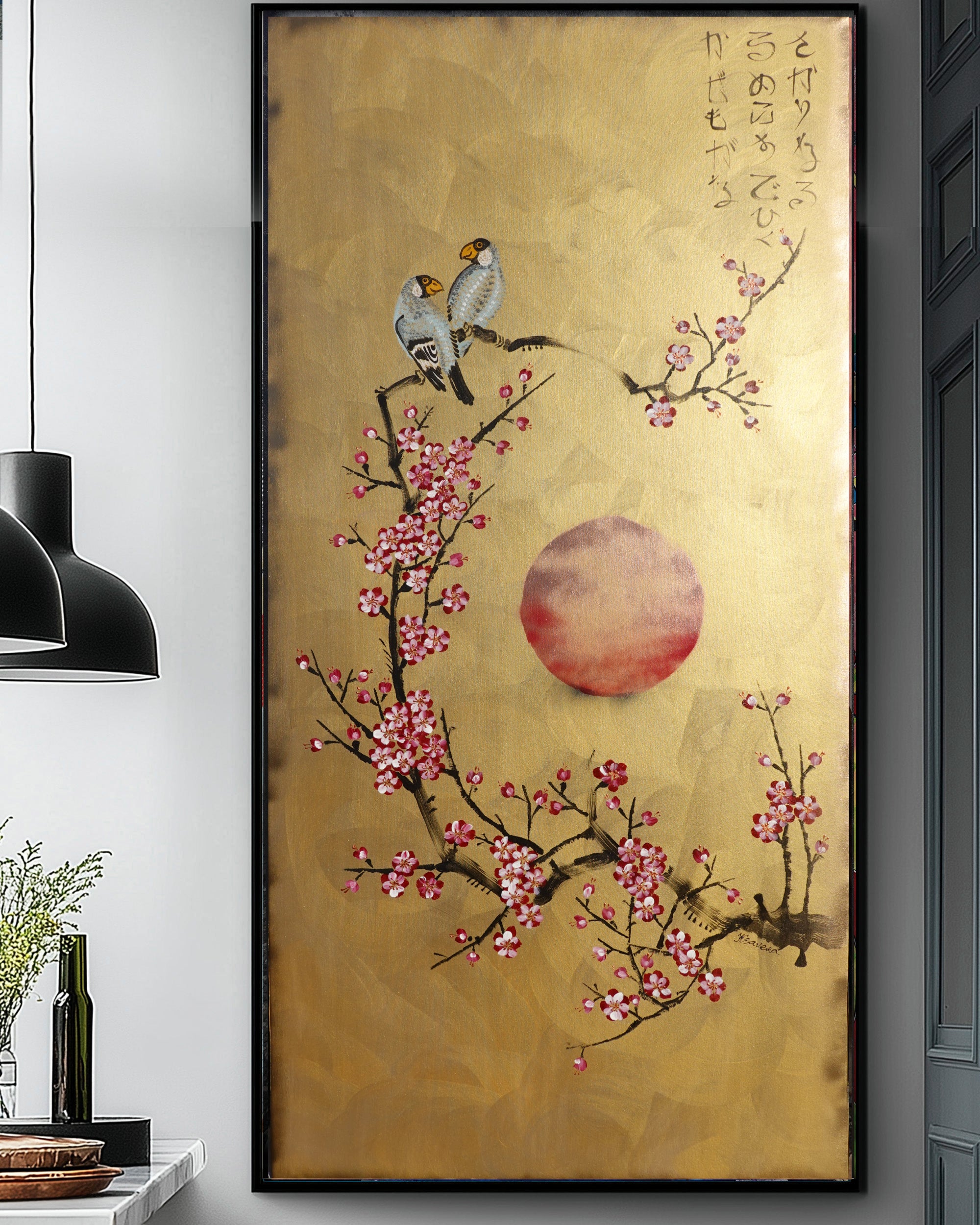 Bird and Sakura J441 is a large-scale Japanese-inspired gold painting
Original Acrylic Painting on unstretched canvas by artist Ksavera.
