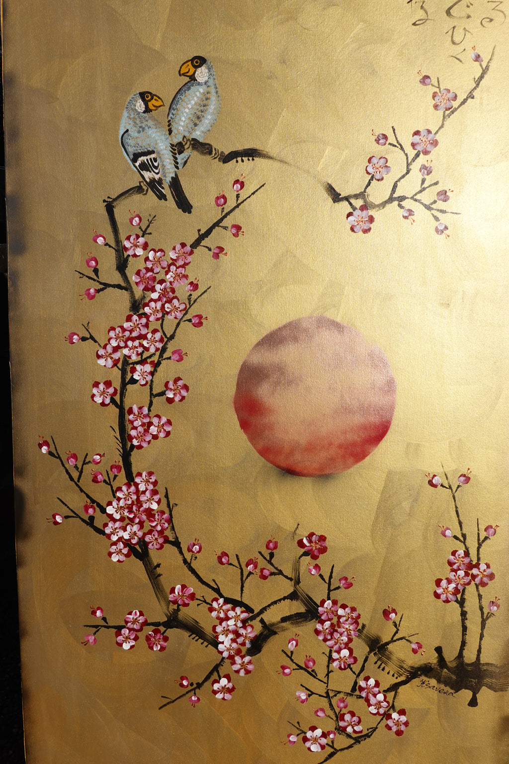 Bird and Sakura J441 is a large-scale Japanese-inspired gold painting
Original Acrylic Painting on unstretched canvas by artist Ksavera.