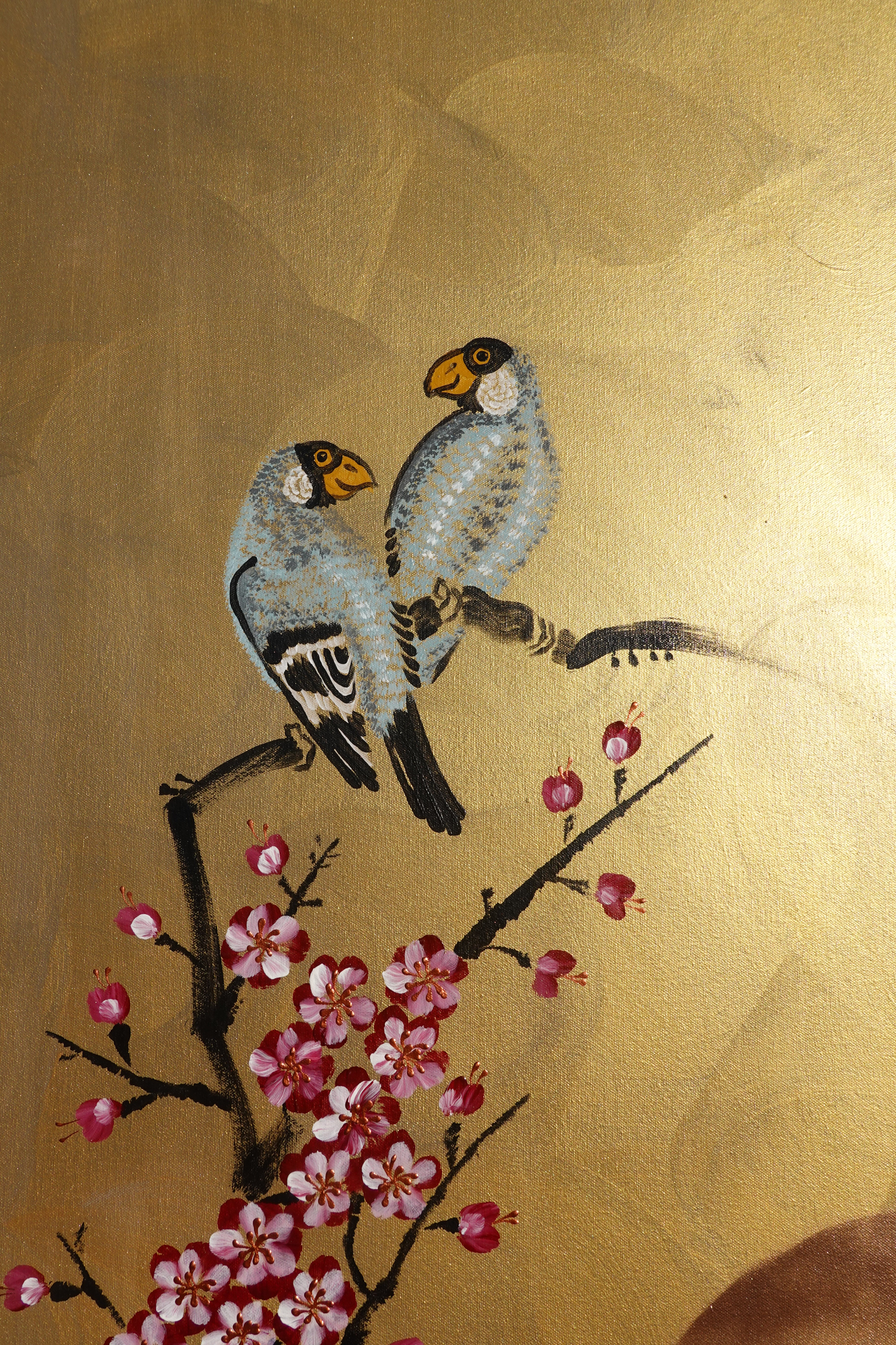 Bird and Sakura J441 is a large-scale Japanese-inspired gold painting
Original Acrylic Painting on unstretched canvas by artist Ksavera.