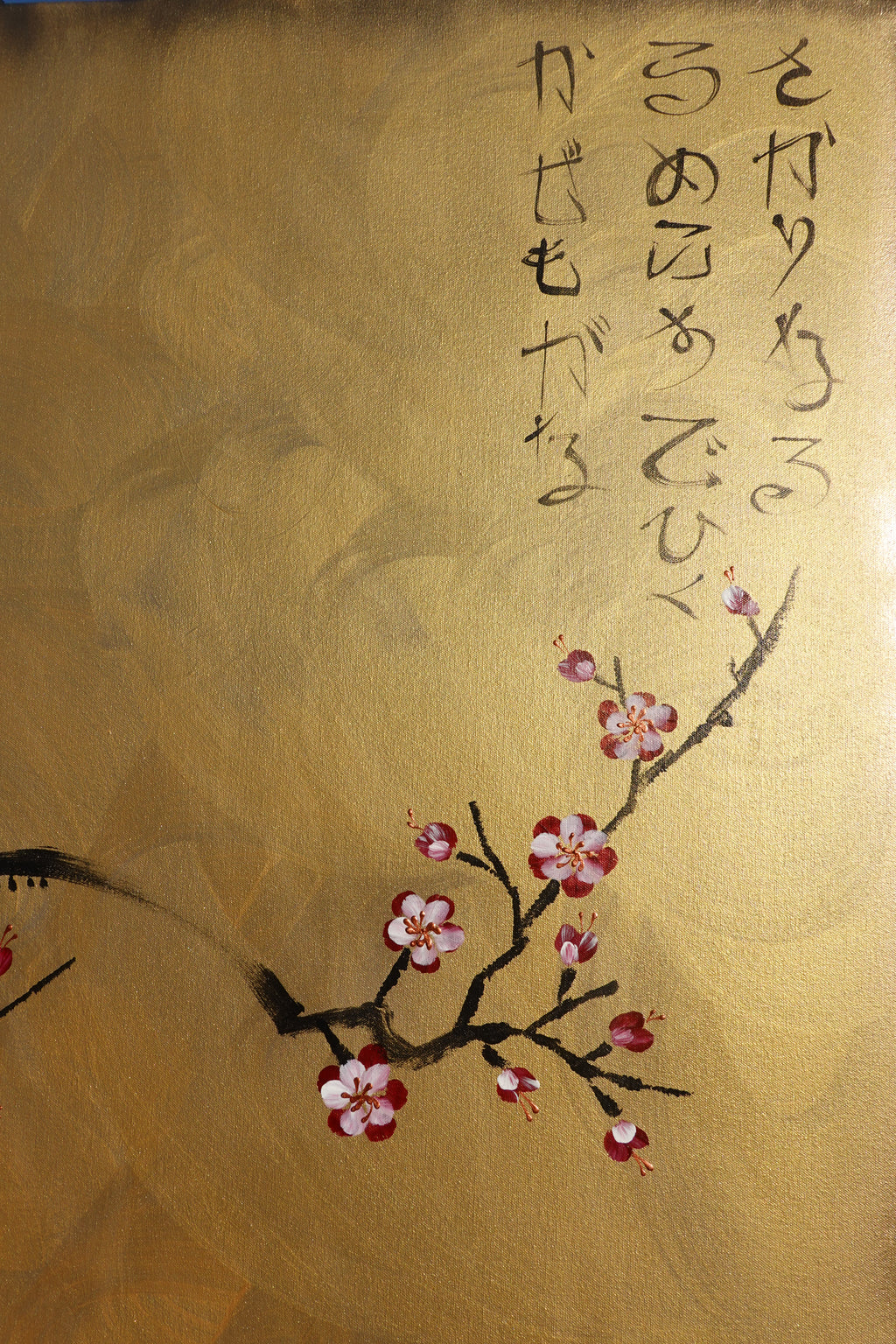 Bird and Sakura J441 is a large-scale Japanese-inspired gold painting
Original Acrylic Painting on unstretched canvas by artist Ksavera.