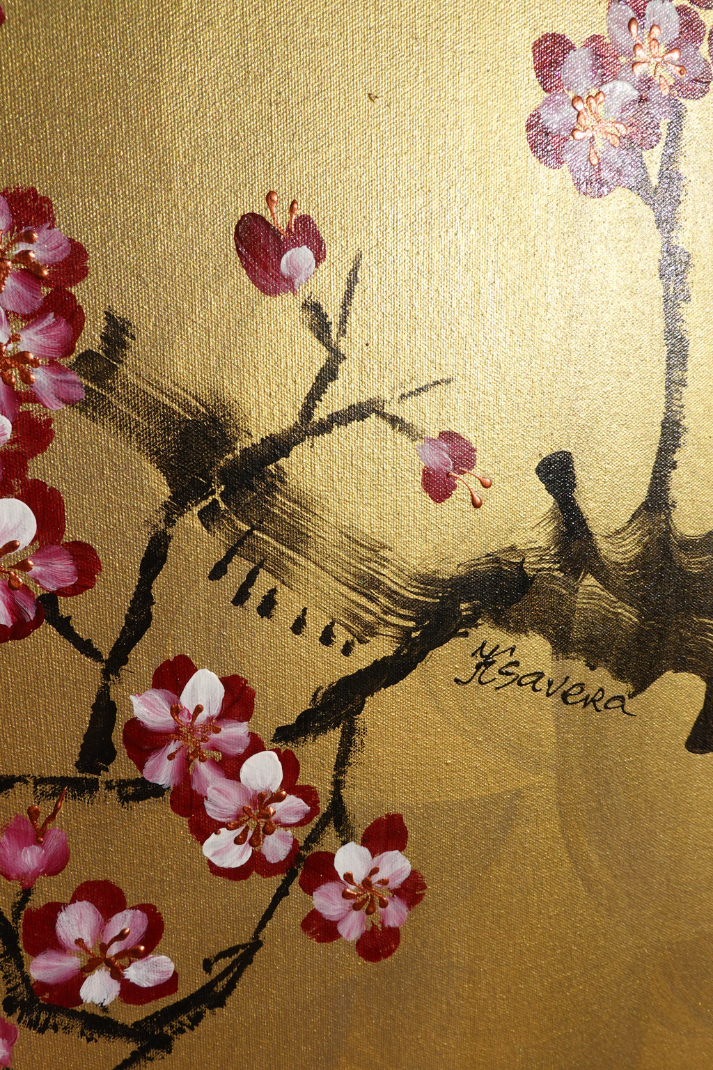 Bird and Sakura J441 is a large-scale Japanese-inspired gold painting
Original Acrylic Painting on unstretched canvas by artist Ksavera.