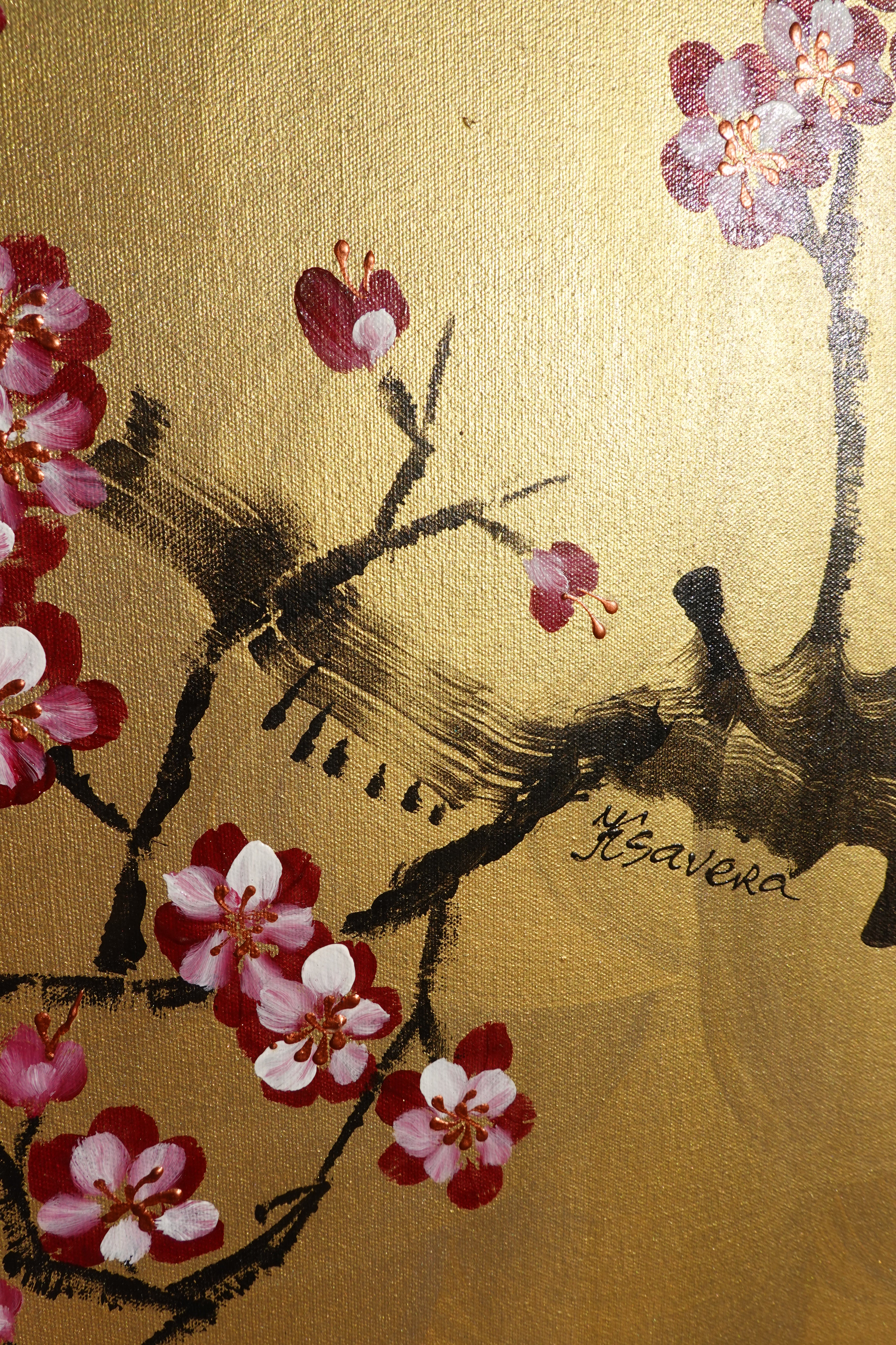 Bird and Sakura J441 is a large-scale Japanese-inspired gold painting
Original Acrylic Painting on unstretched canvas by artist Ksavera.