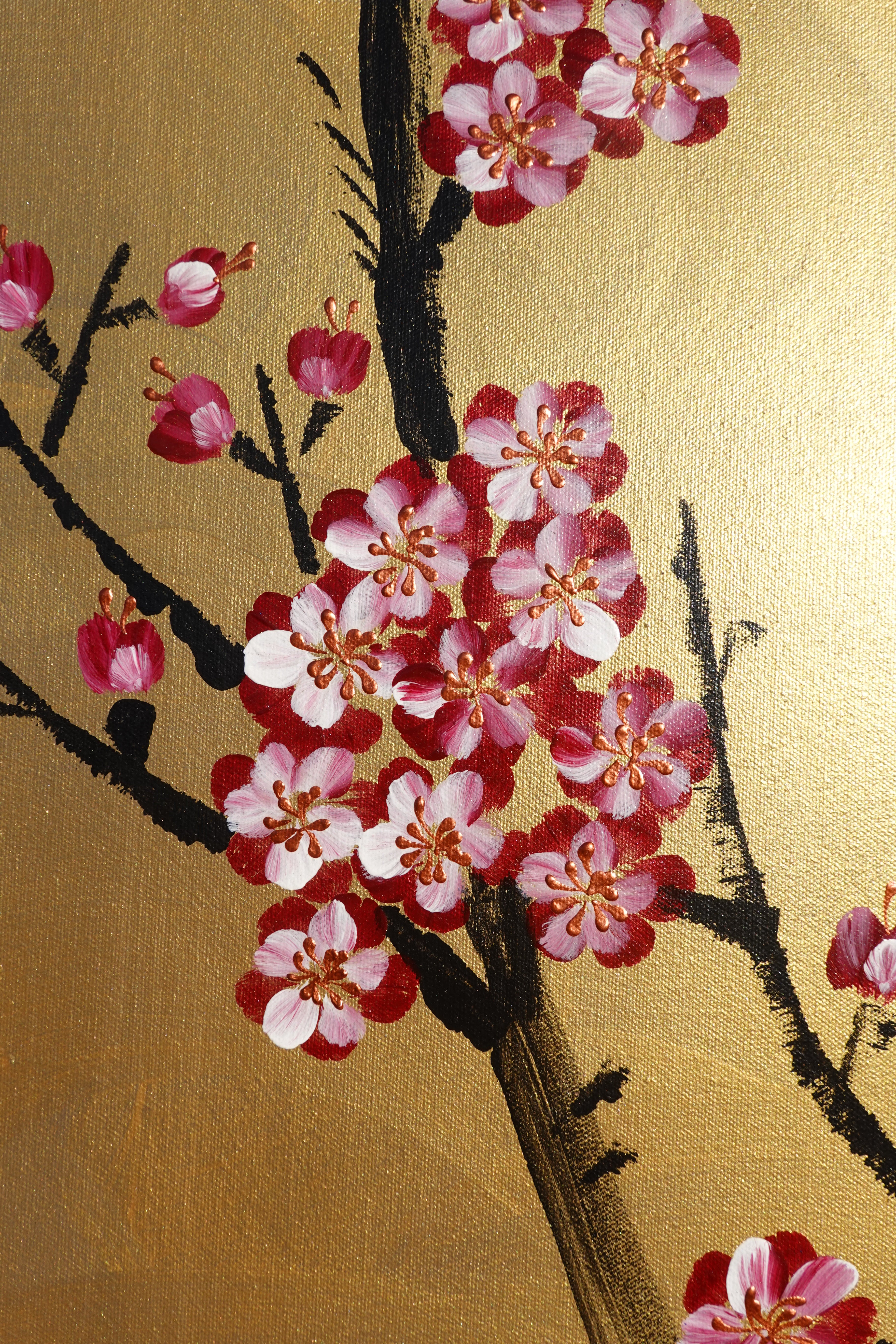 Bird and Sakura J441 is a large-scale Japanese-inspired gold painting
Original Acrylic Painting on unstretched canvas by artist Ksavera.