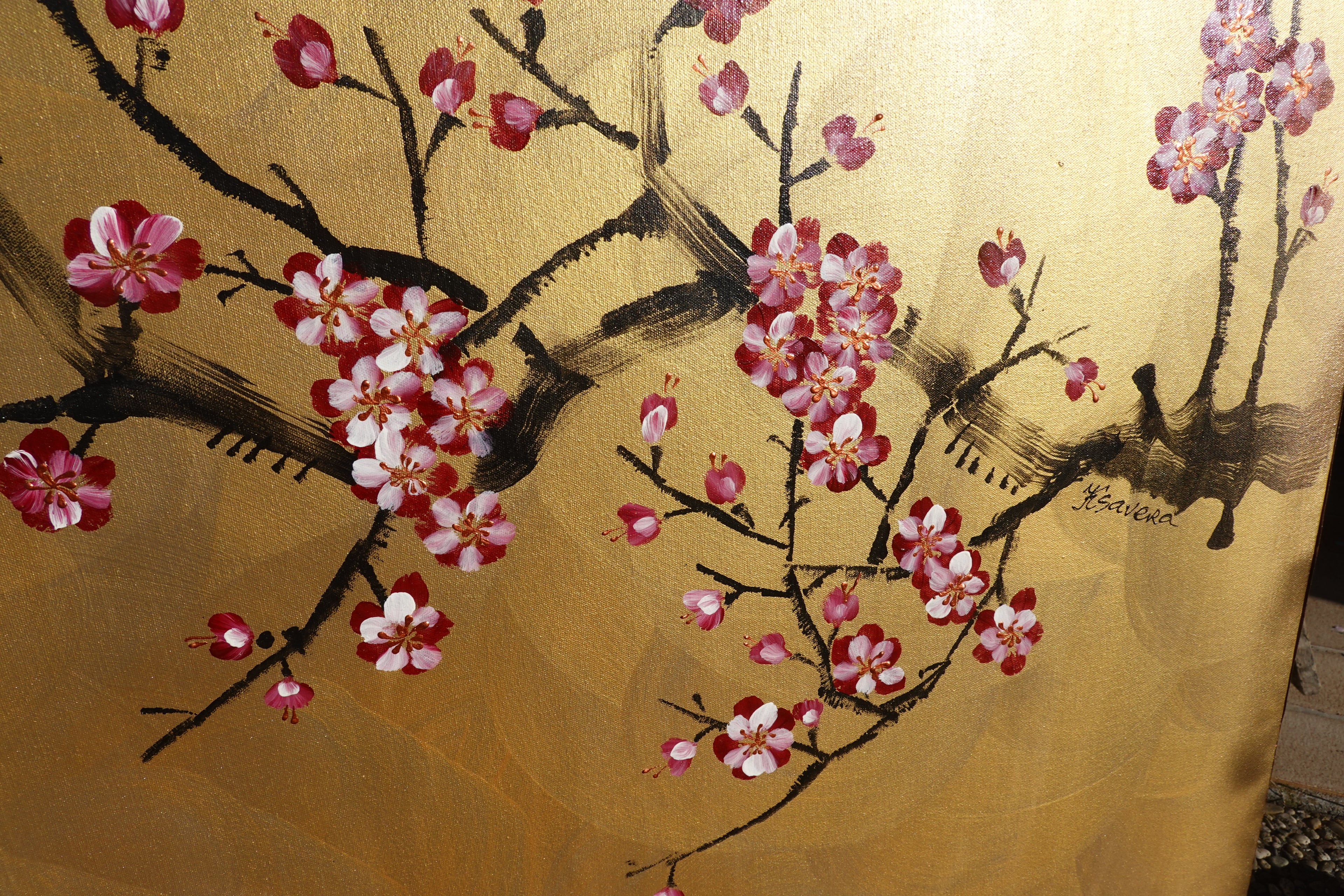 Bird and Sakura J441 is a large-scale Japanese-inspired gold painting
Original Acrylic Painting on unstretched canvas by artist Ksavera.