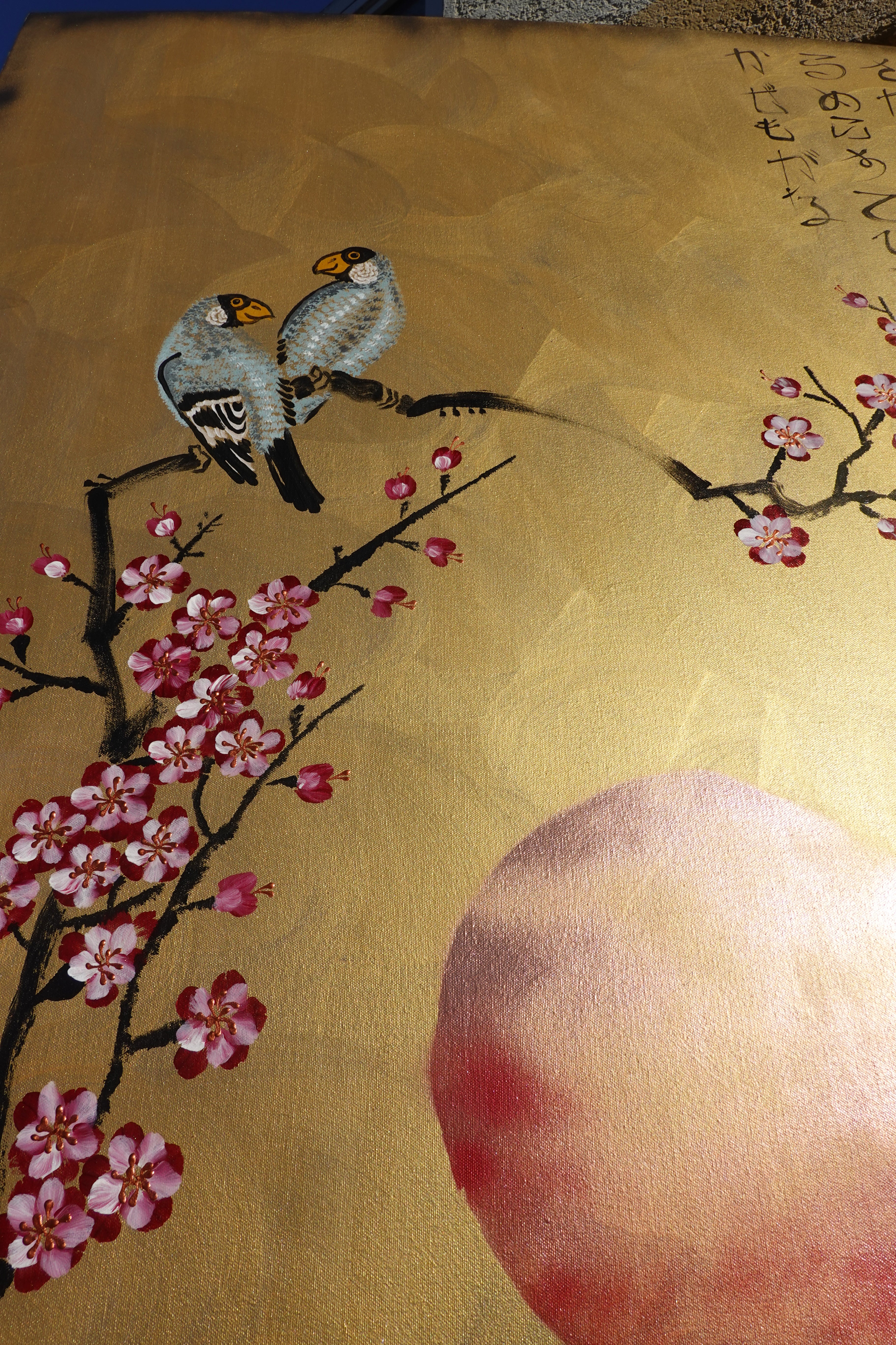 Bird and Sakura J441 is a large-scale Japanese-inspired gold painting
Original Acrylic Painting on unstretched canvas by artist Ksavera.