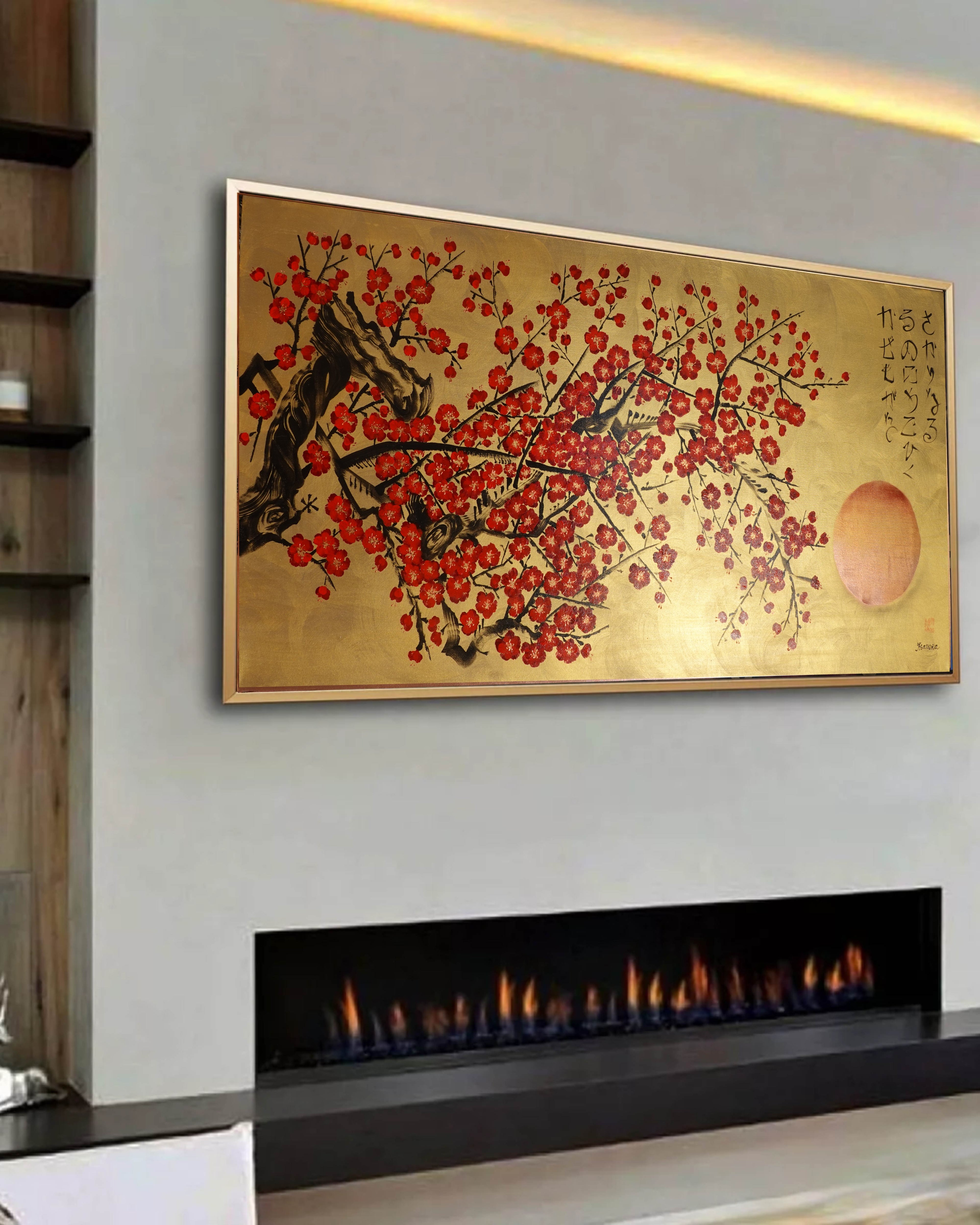Japanese red Sakura J444 is a large Japanese gold horisontal Original Acrylic Painting on unstretched canvas by artist Ksavera.