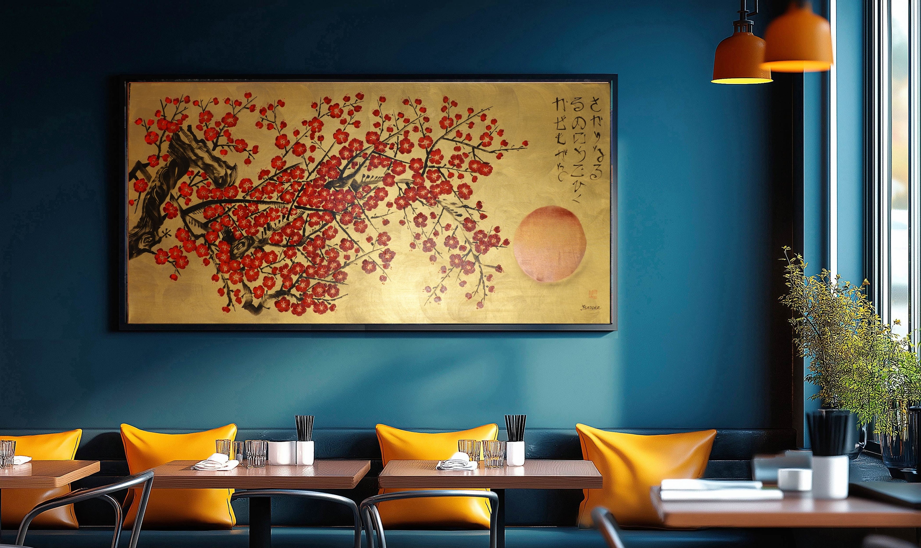 Japanese red Sakura J444 is a large Japanese gold horisontal Original Acrylic Painting on unstretched canvas by artist Ksavera.
