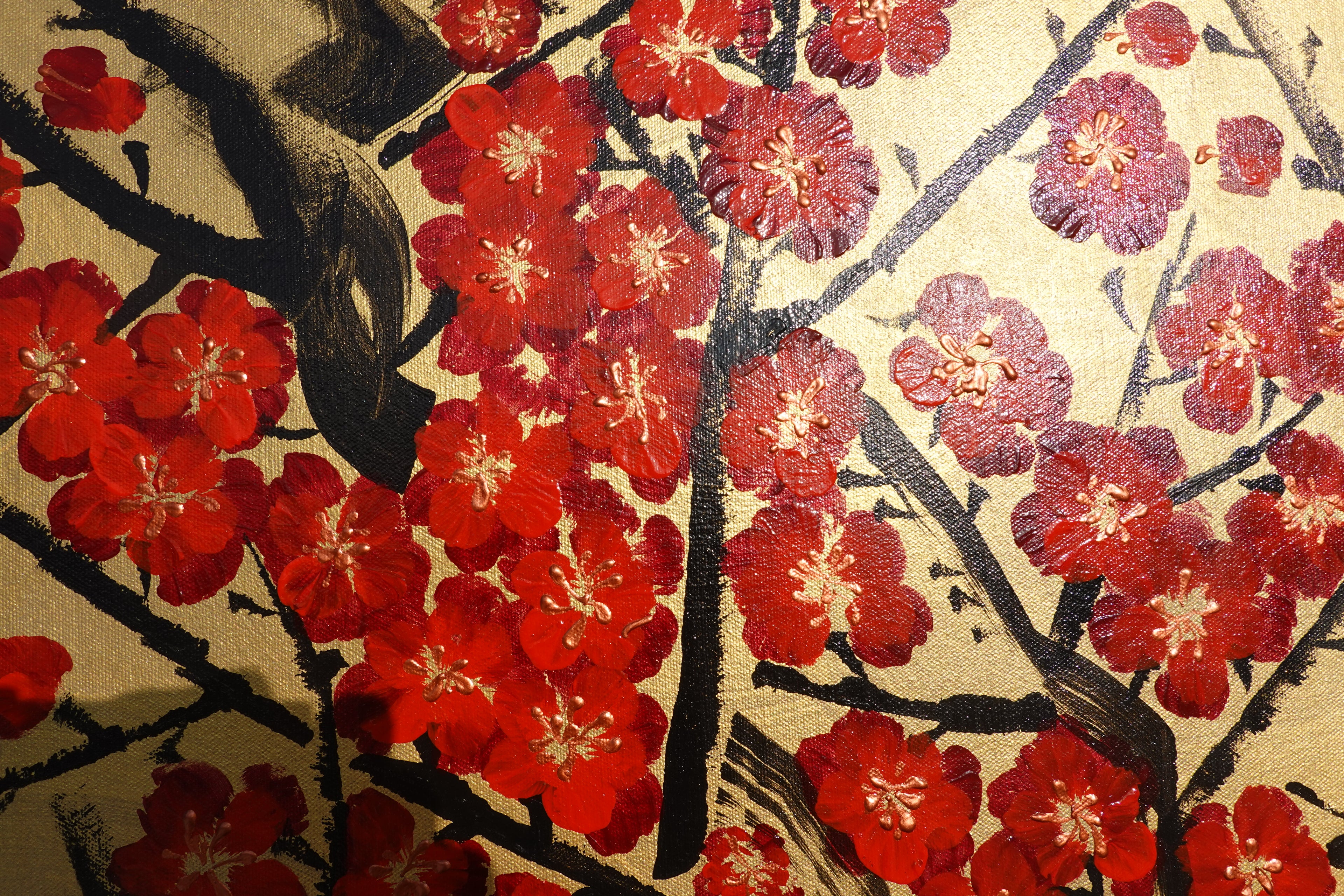 Japanese red Sakura J444 is a large Japanese gold horisontal Original Acrylic Painting on unstretched canvas by artist Ksavera.