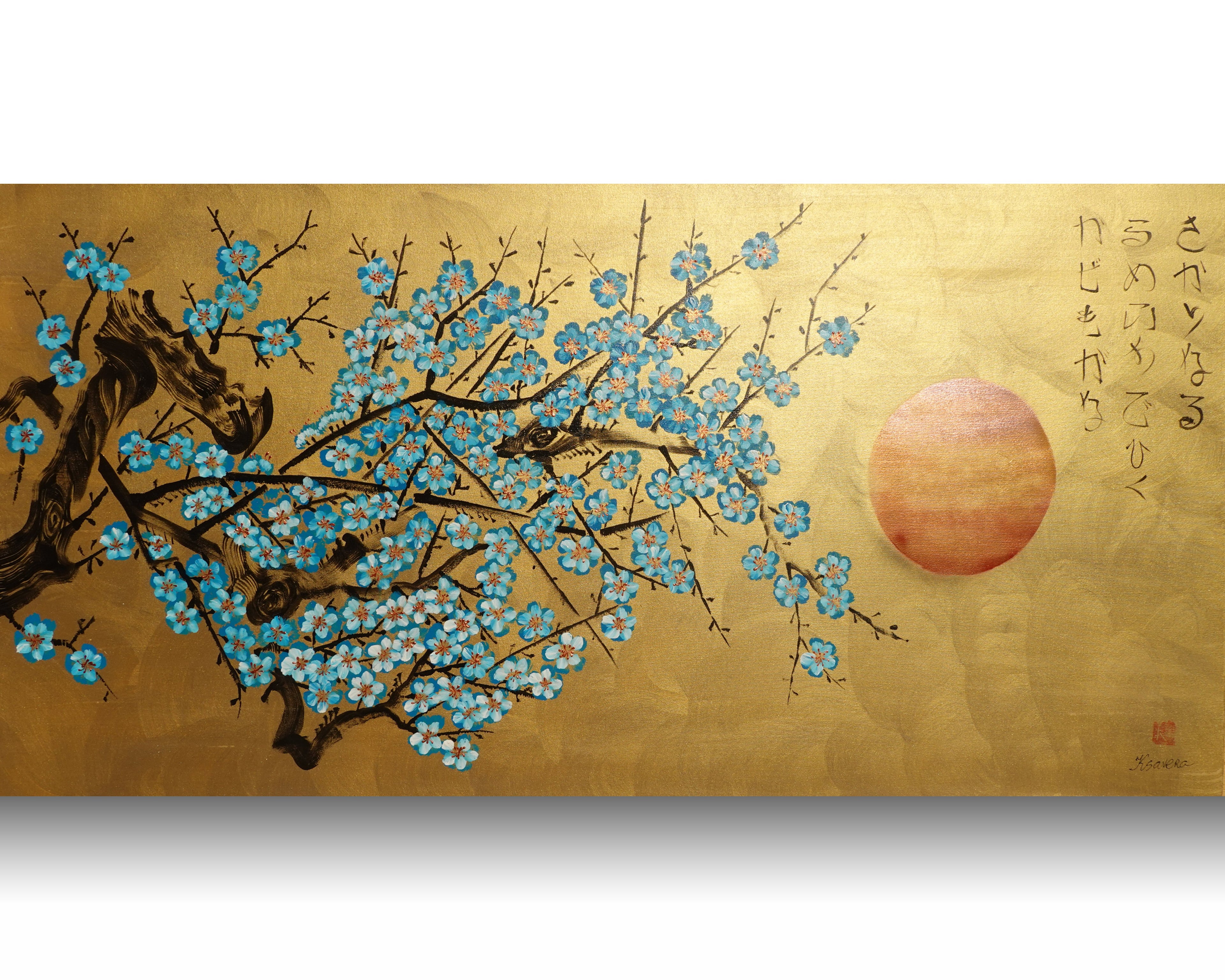 Japanese blue Sakura J447 is a large-scale Japanese-inspired gold horisontal Original Acrylic Painting on unstretched canvas by artist Ksavera.