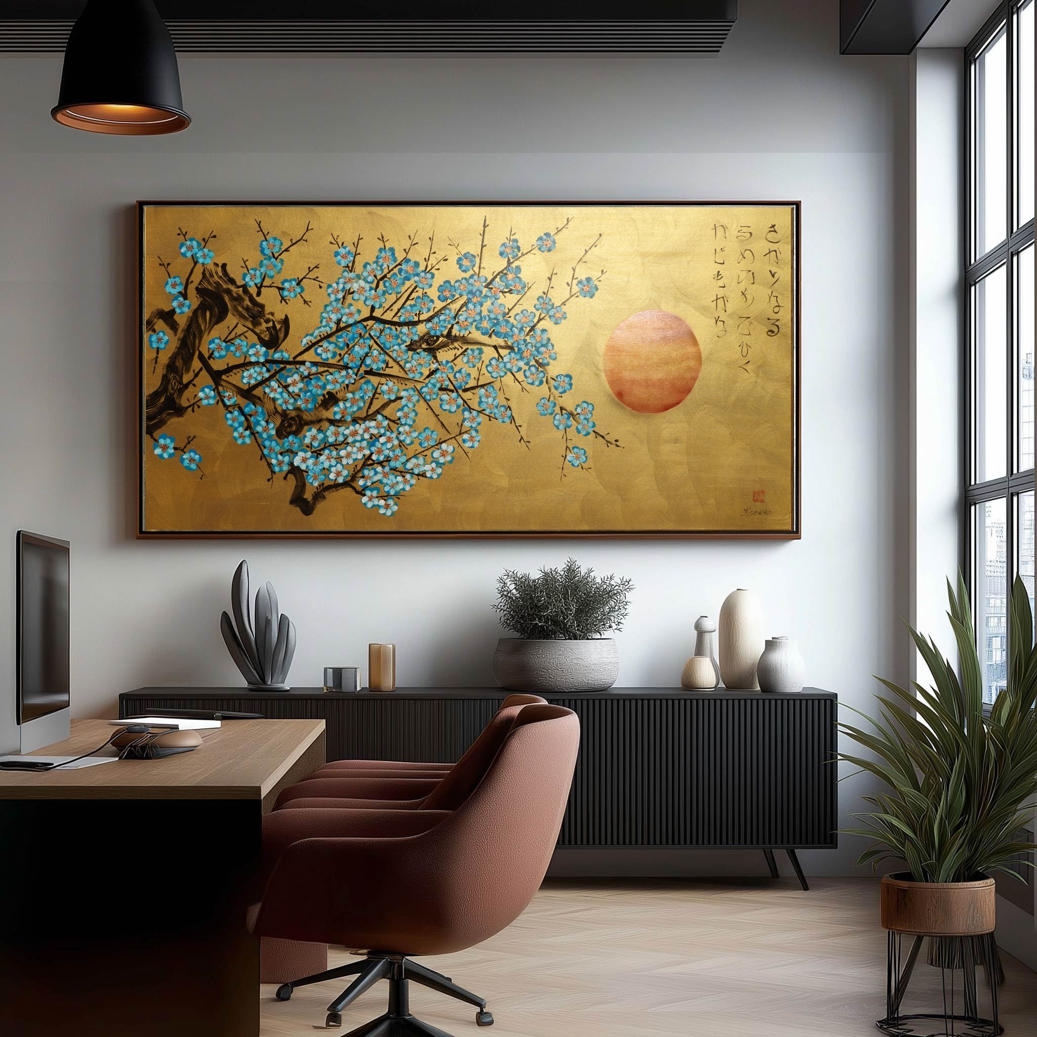 Japanese blue Sakura J447 is a large-scale Japanese-inspired gold horisontal Original Acrylic Painting on unstretched canvas by artist Ksavera.