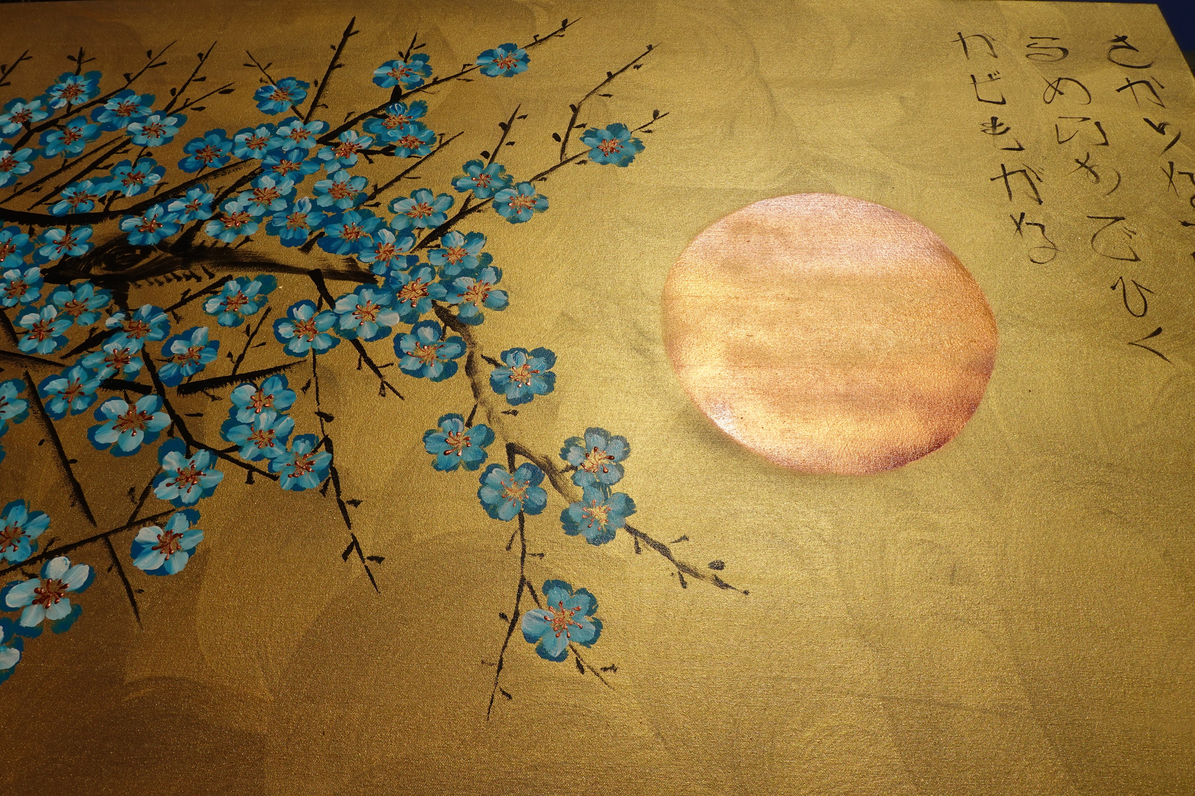 Japanese blue Sakura J447 is a large-scale Japanese-inspired gold horisontal Original Acrylic Painting on unstretched canvas by artist Ksavera.