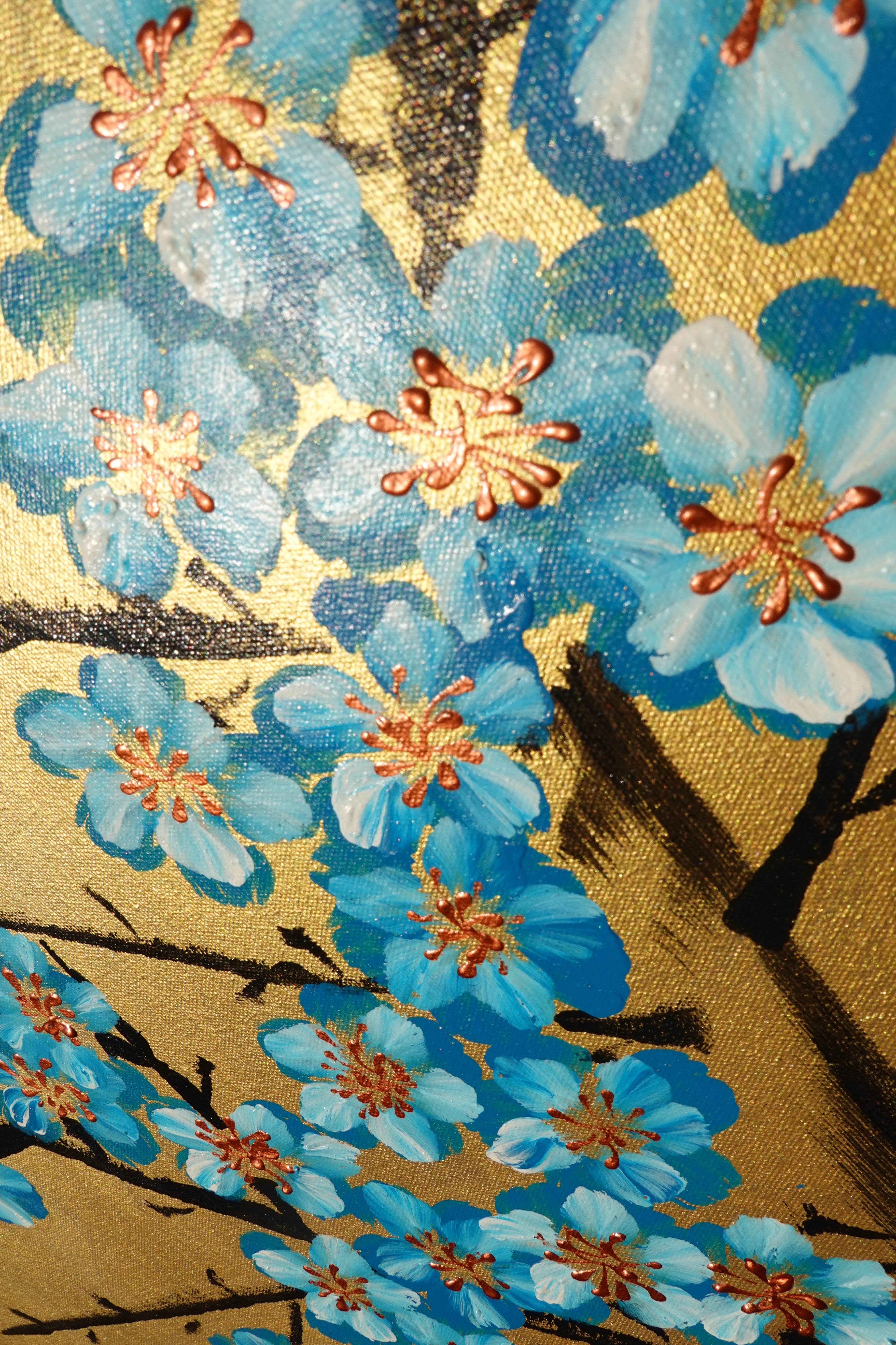 Japanese blue Sakura J447 is a large-scale Japanese-inspired gold horisontal Original Acrylic Painting on unstretched canvas by artist Ksavera.
