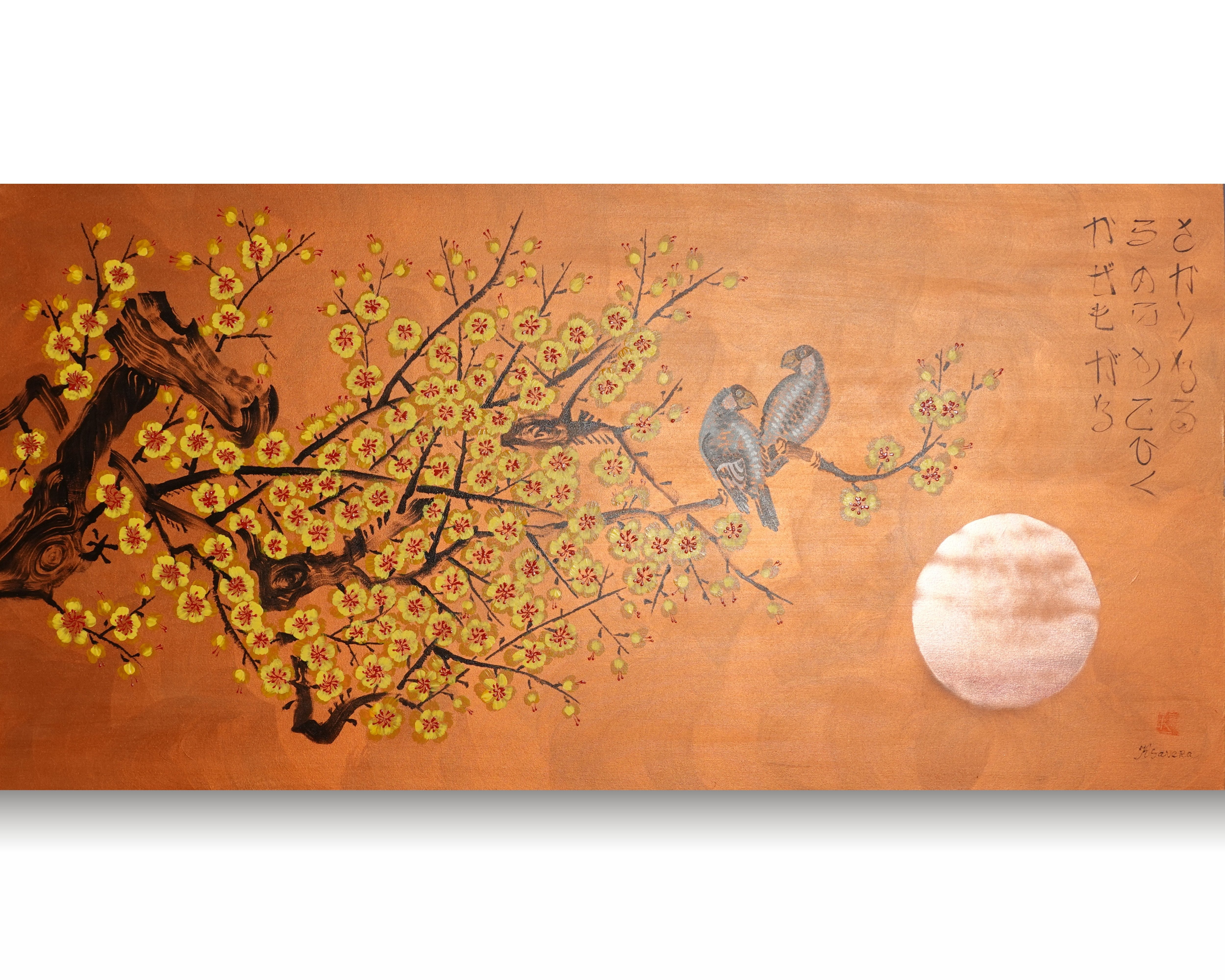 Love Birds and yellow Sakura J448 Japanese copper Painting by