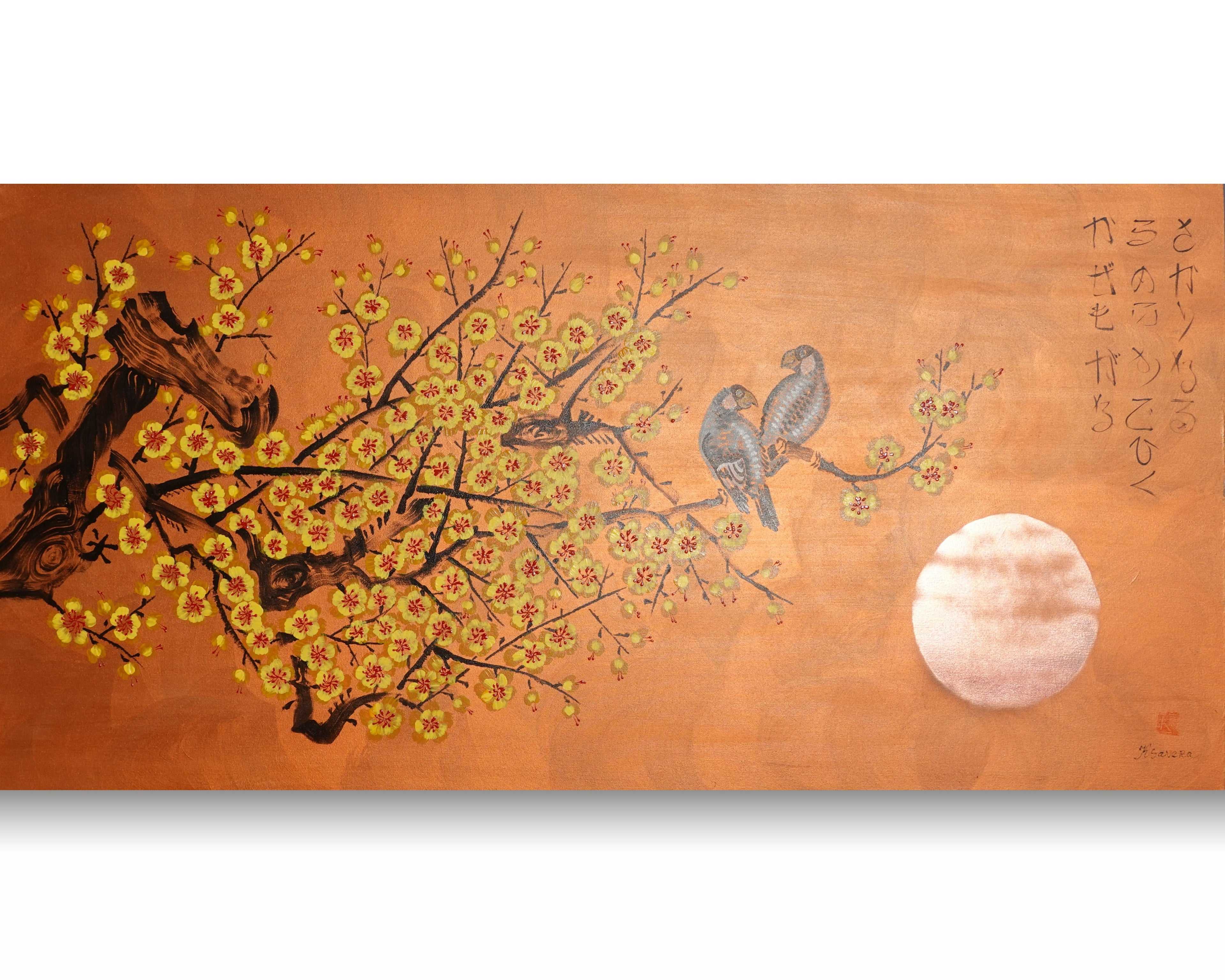 Love Birds and yellow Sakura J448 is a large-scale Japanese-inspired copper horisontal Original Acrylic Painting on unstretched canvas by artist Ksavera.