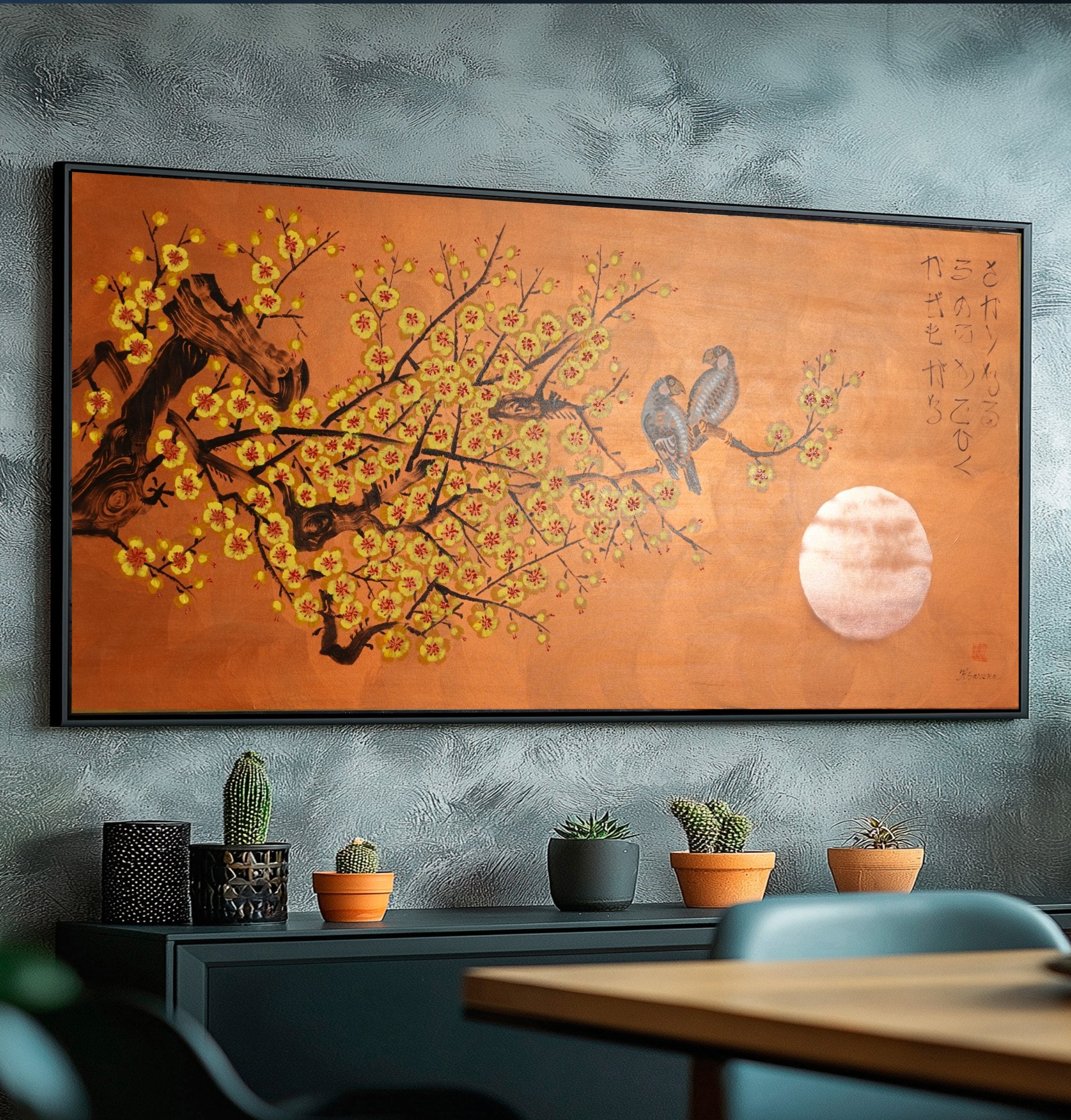 Love Birds and yellow Sakura J448 Japanese copper Painting by
