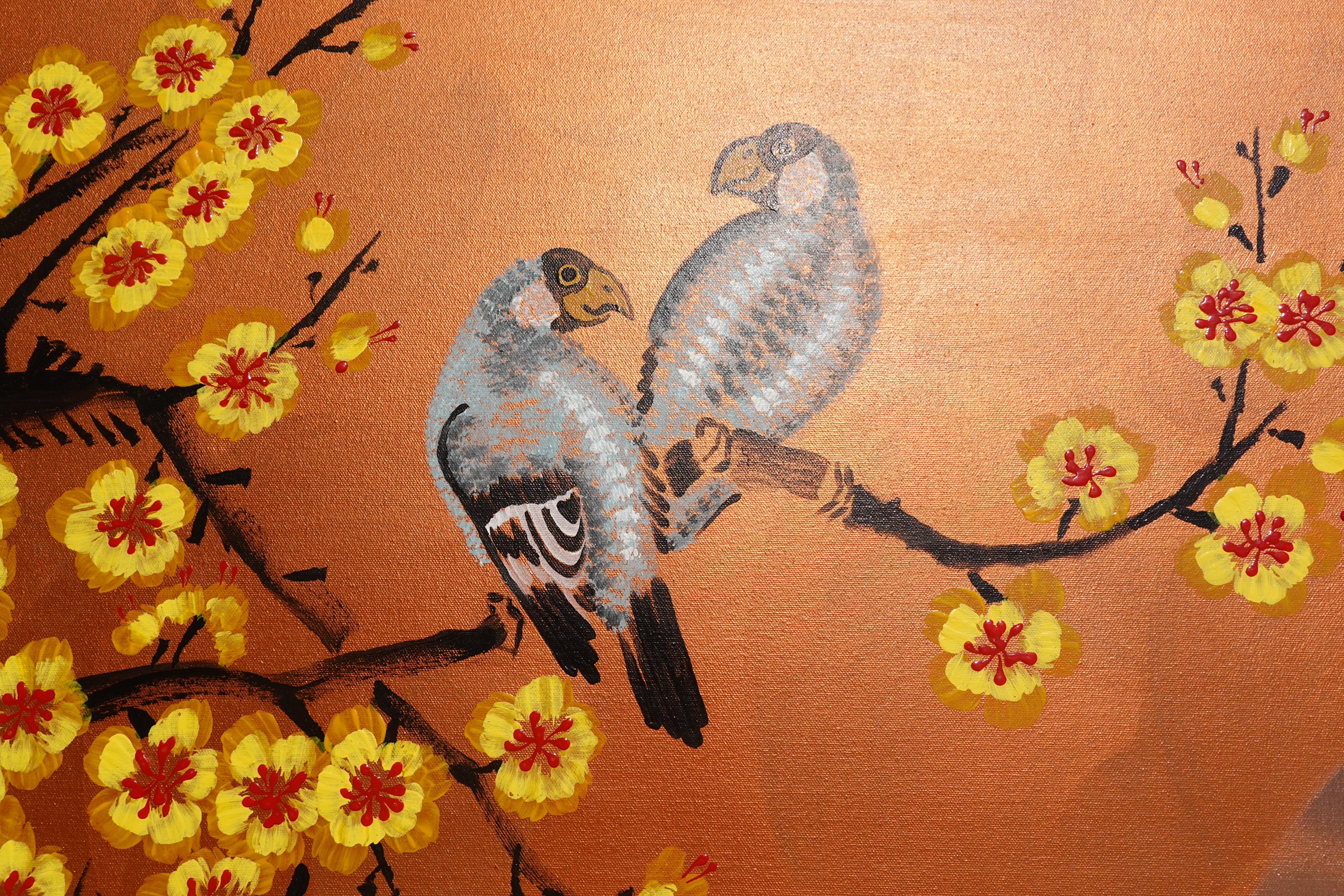 Love Birds and yellow Sakura J448 is a large-scale Japanese-inspired copper horisontal Original Acrylic Painting on unstretched canvas by artist Ksavera.