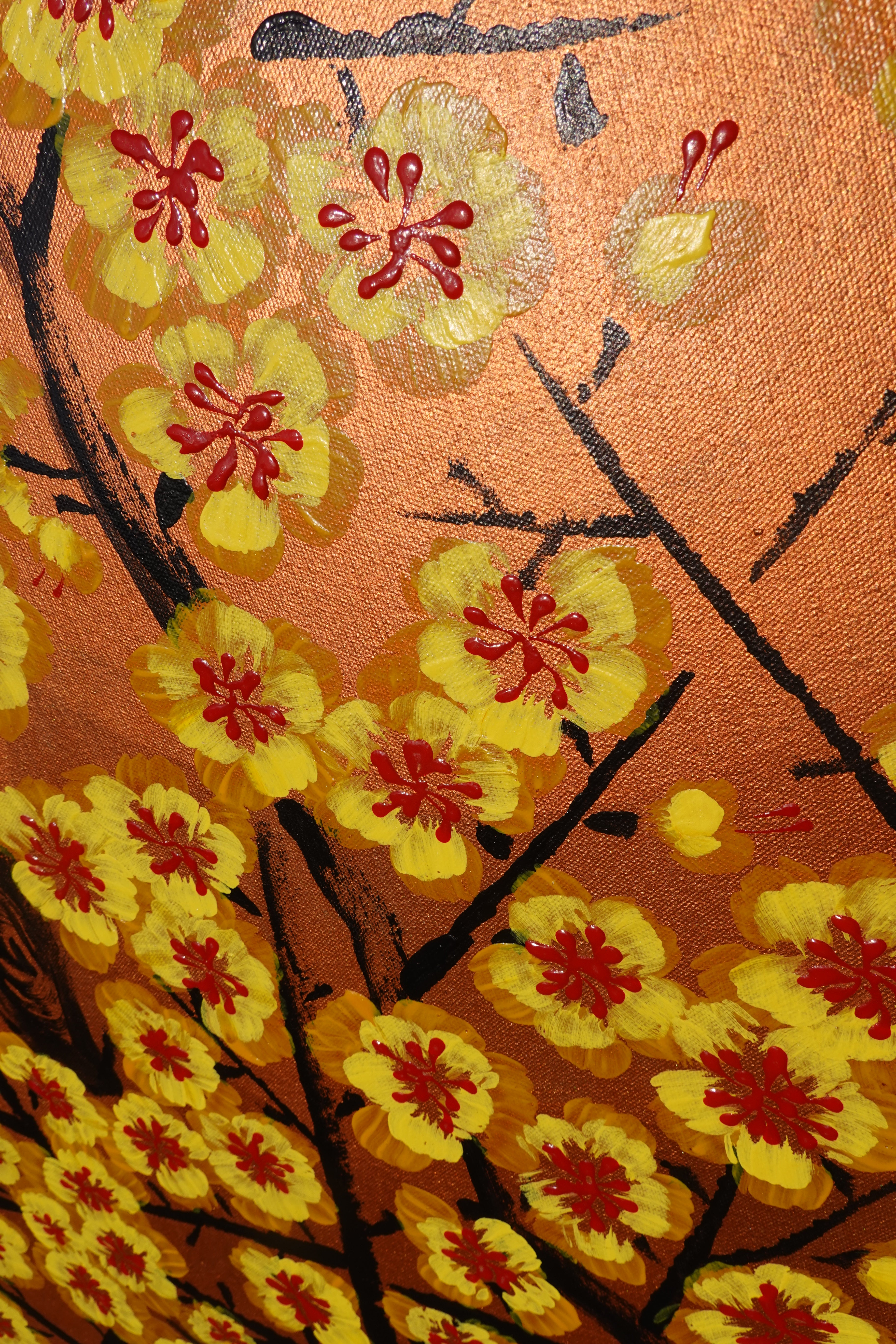 Love Birds and yellow Sakura J448 is a large-scale Japanese-inspired copper horisontal Original Acrylic Painting on unstretched canvas by artist Ksavera.