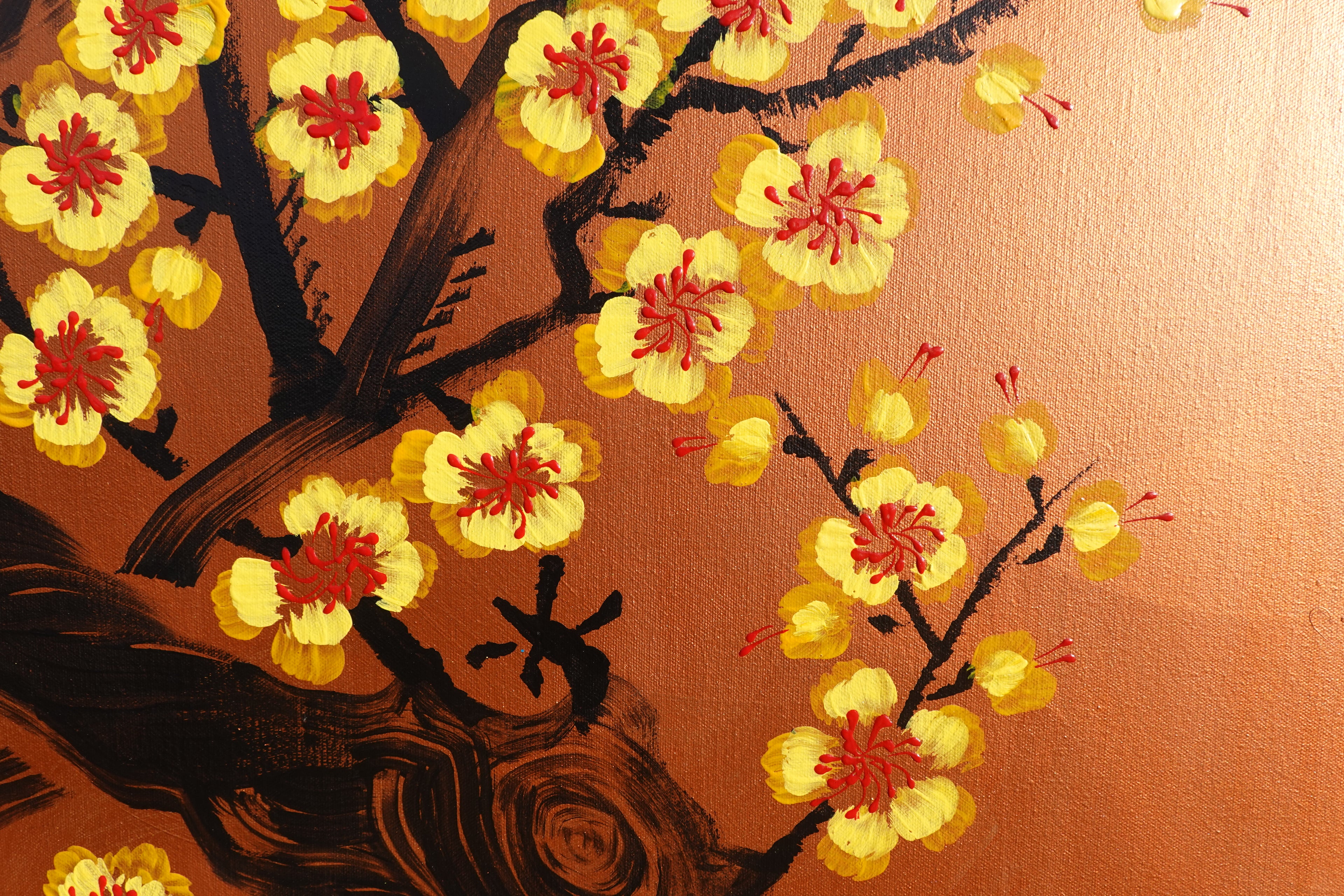 Love Birds and yellow Sakura J448 is a large-scale Japanese-inspired copper horisontal Original Acrylic Painting on unstretched canvas by artist Ksavera.