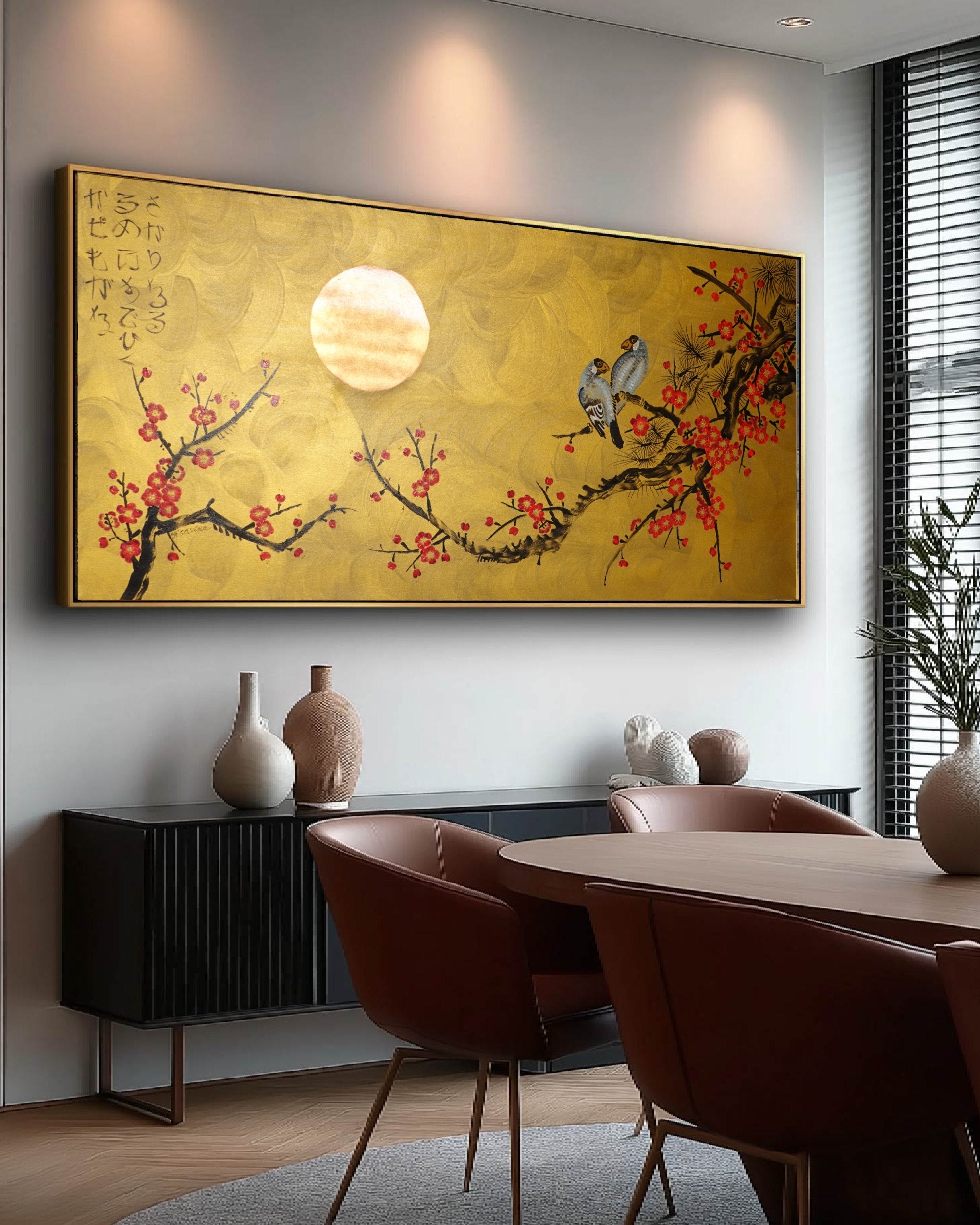 Love Birds and pink Sakura J451 is a large-scale Japanese-inspired gold horisontal Original Acrylic Painting on unstretched canvas by artist Ksavera.