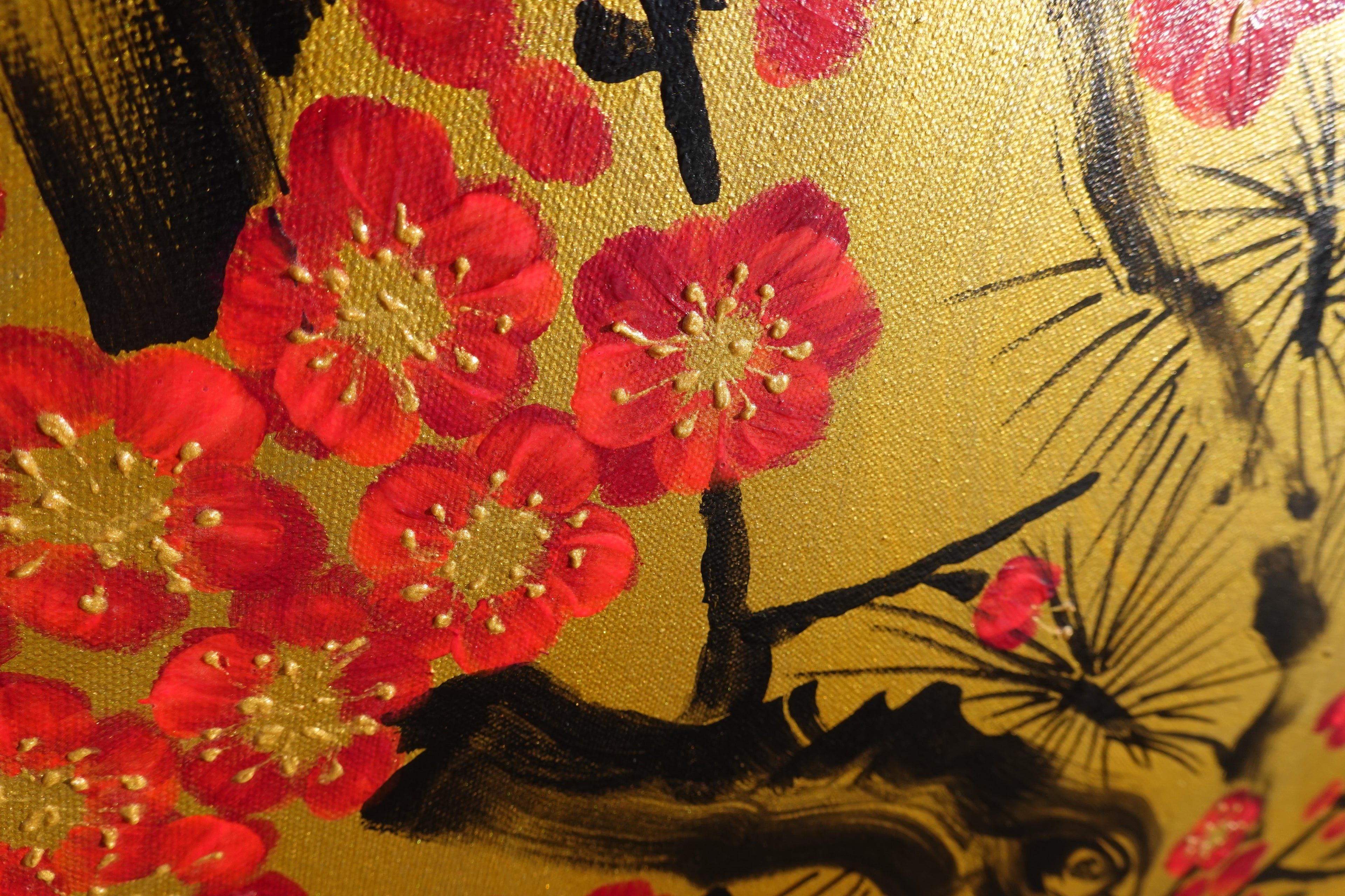 Love Birds and pink Sakura J451 is a large-scale Japanese-inspired gold horisontal Original Acrylic Painting on unstretched canvas by artist Ksavera.