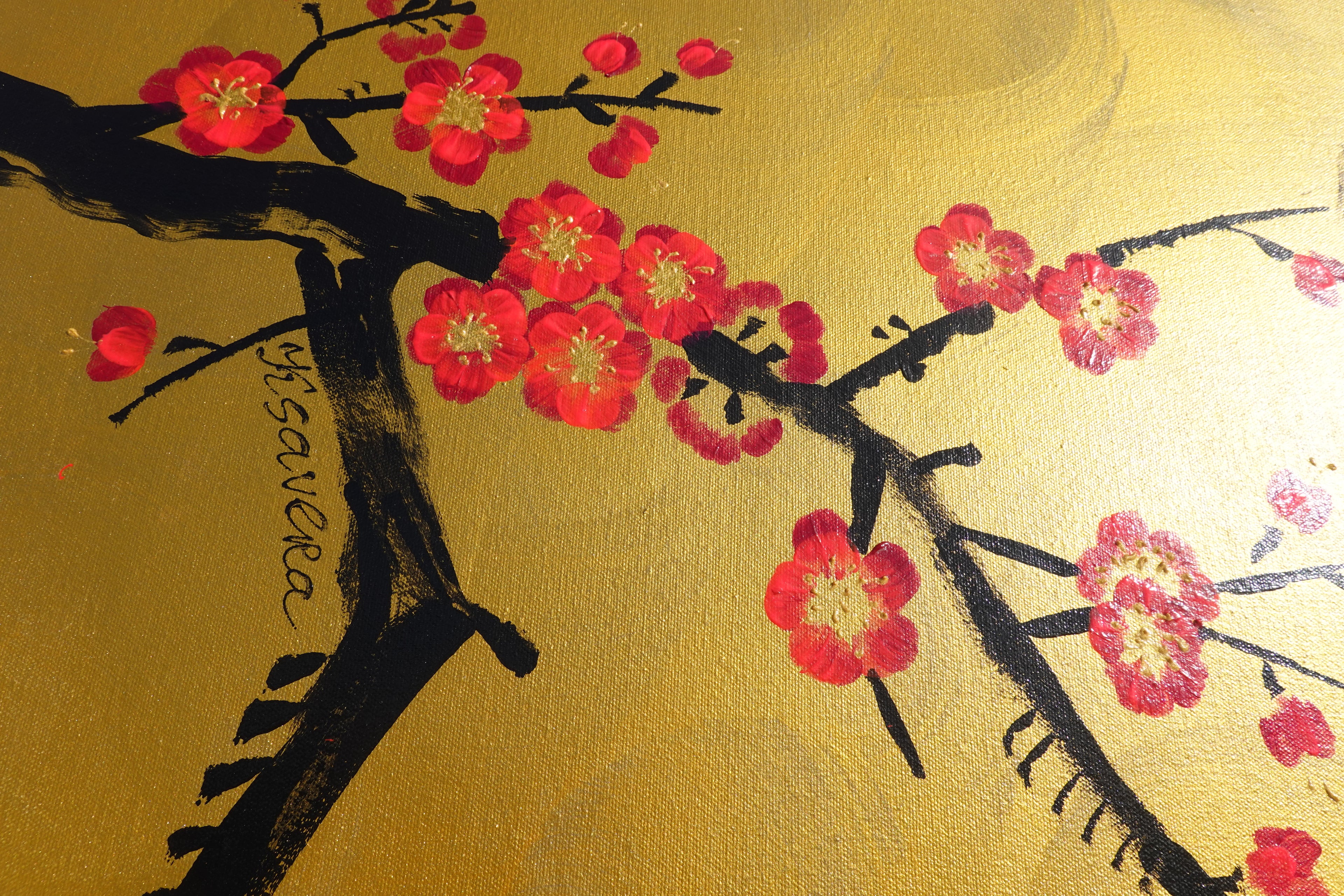 Love Birds and pink Sakura J451 is a large-scale Japanese-inspired gold horisontal Original Acrylic Painting on unstretched canvas by artist Ksavera.