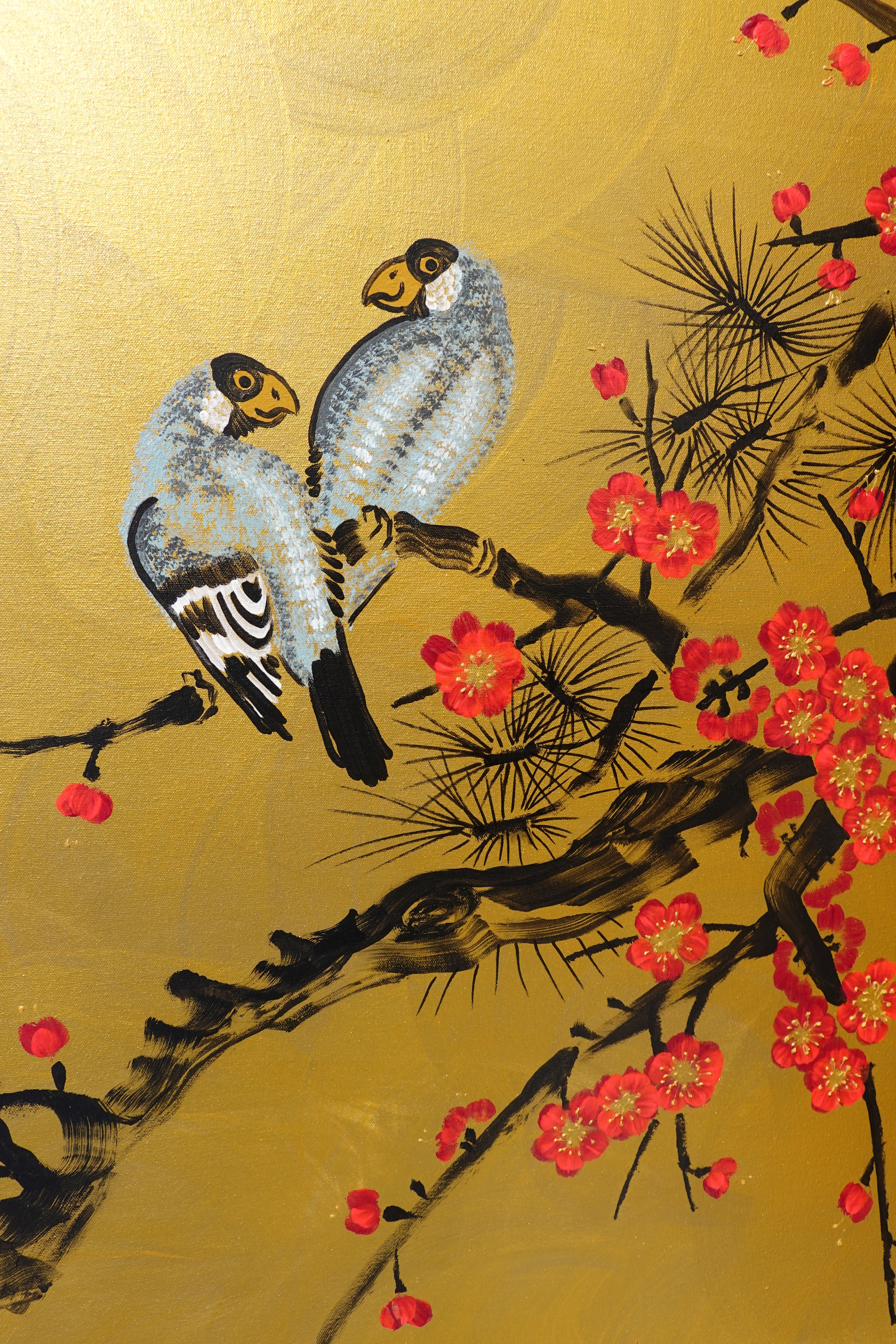 Love Birds and pink Sakura J451 is a large-scale Japanese-inspired gold horisontal Original Acrylic Painting on unstretched canvas by artist Ksavera.