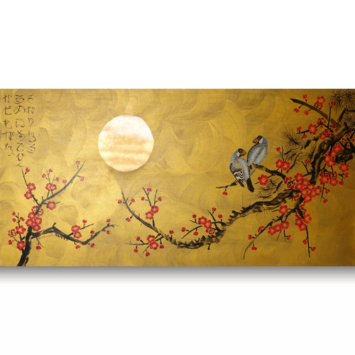 Love Birds and pink Sakura J451 is a large-scale Japanese-inspired gold horisontal Original Acrylic Painting on unstretched canvas by artist Ksavera.