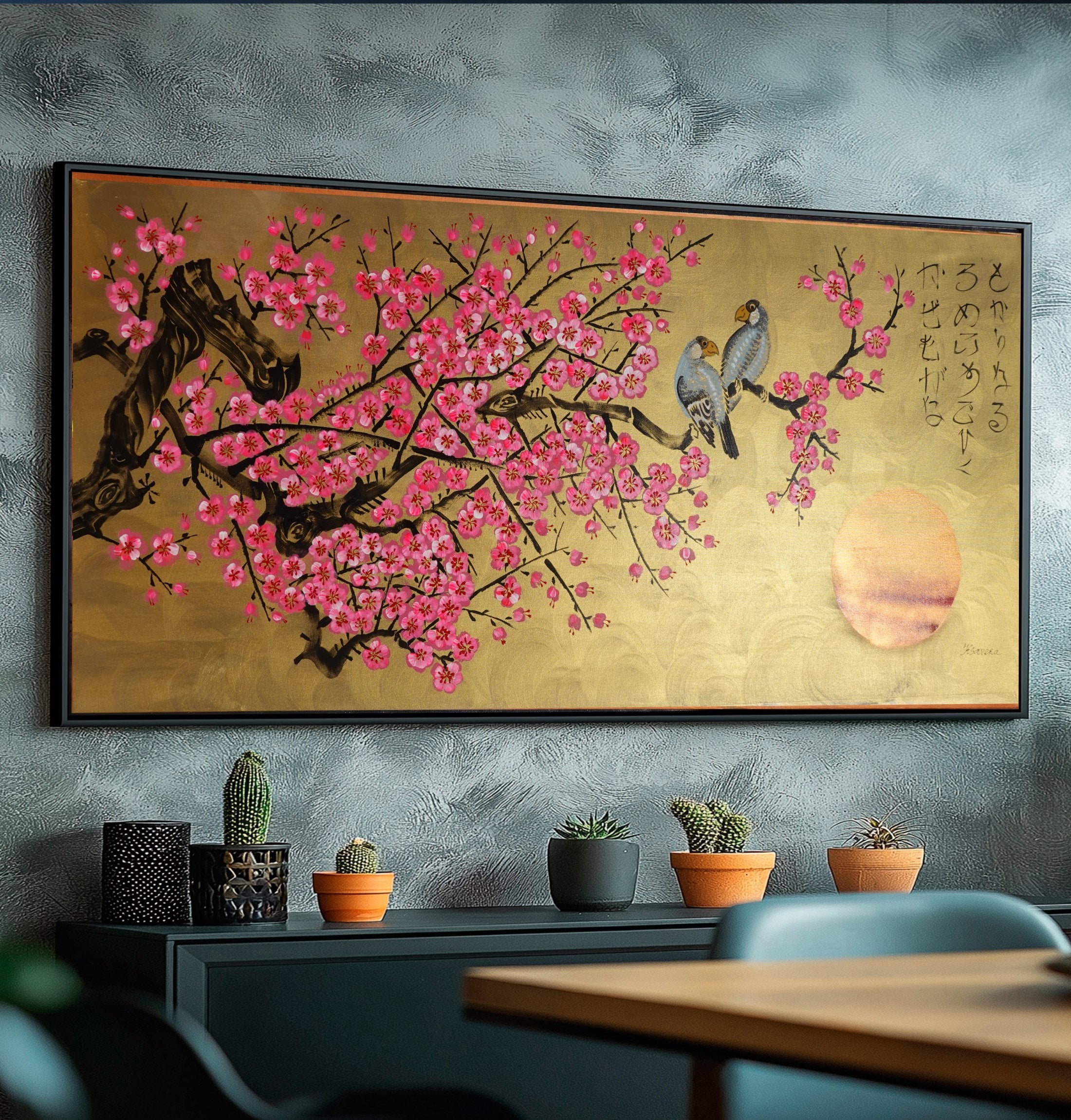 Love Birds and pink Sakura J453 is a large Japanese gold horizontal Original Acrylic Painting on unstretched canvas by artist Ksavera.