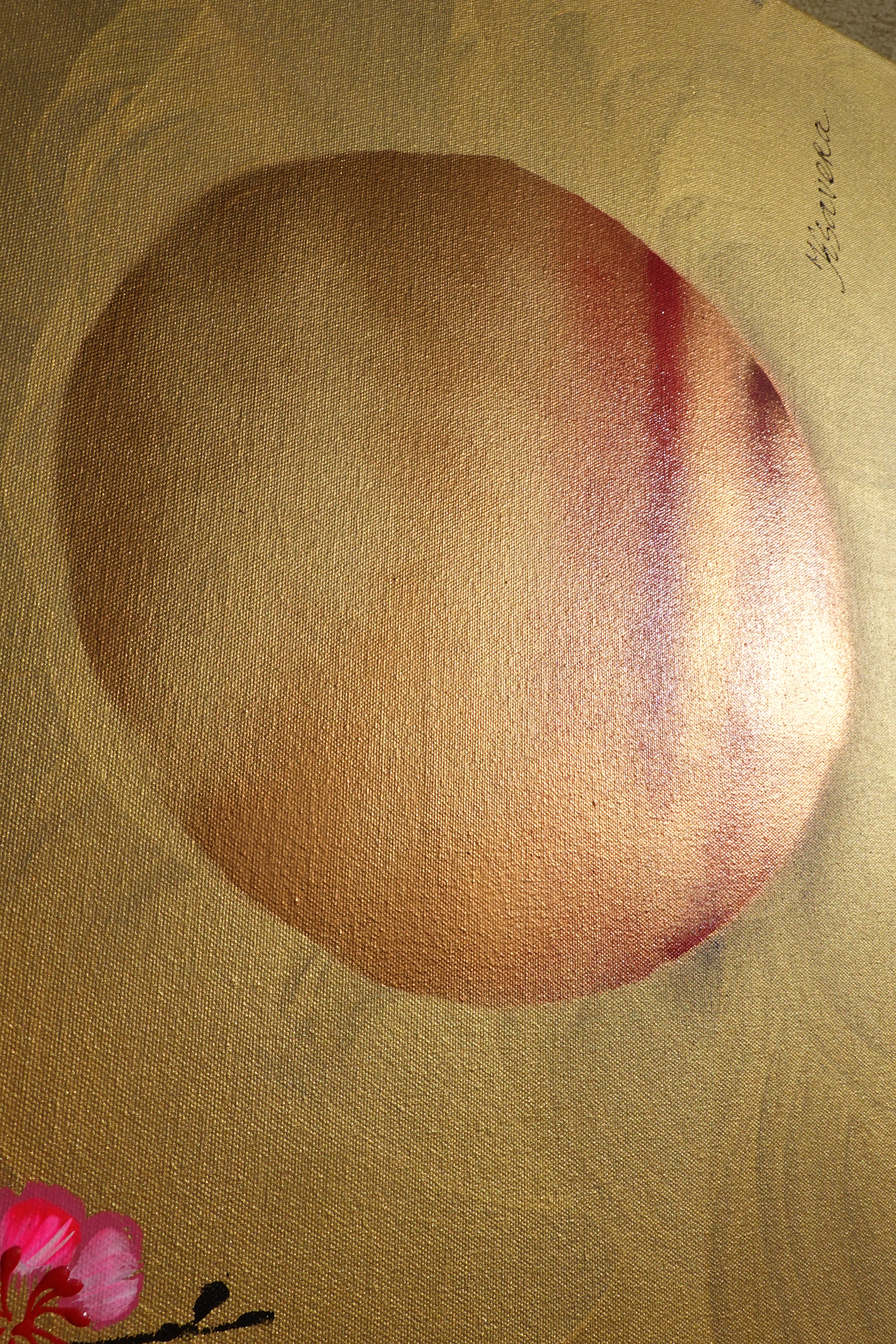 Love Birds and pink Sakura J453 is a large Japanese gold horizontal Original Acrylic Painting on unstretched canvas by artist Ksavera.