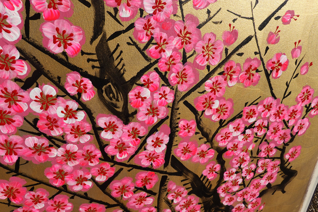 Love Birds and pink Sakura J453 is a large Japanese gold horizontal Original Acrylic Painting on unstretched canvas by artist Ksavera.