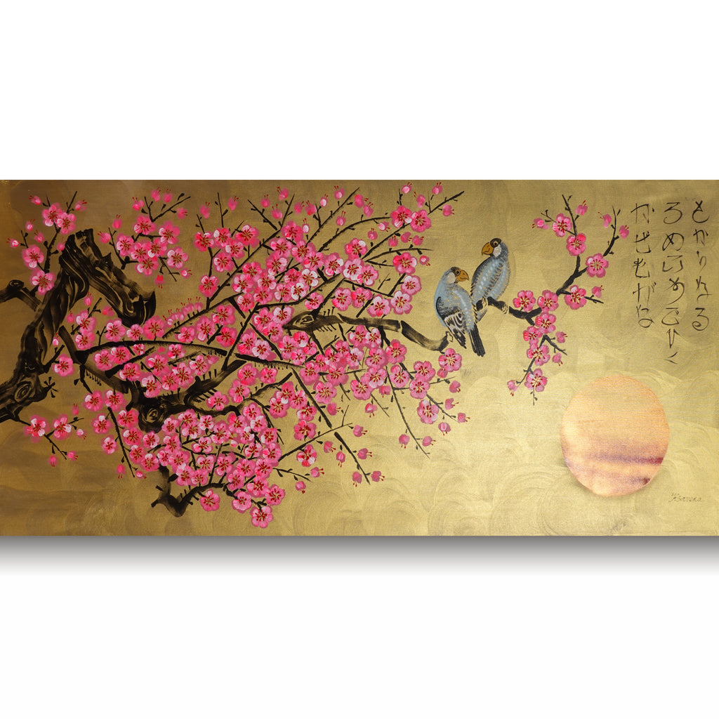 Love Birds and pink Sakura J453 is a large Japanese gold horizontal Original Acrylic Painting on unstretched canvas by artist Ksavera.