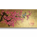 Love Birds and pink Sakura J453 is a large Japanese gold horizontal Original Acrylic Painting on unstretched canvas by artist Ksavera.