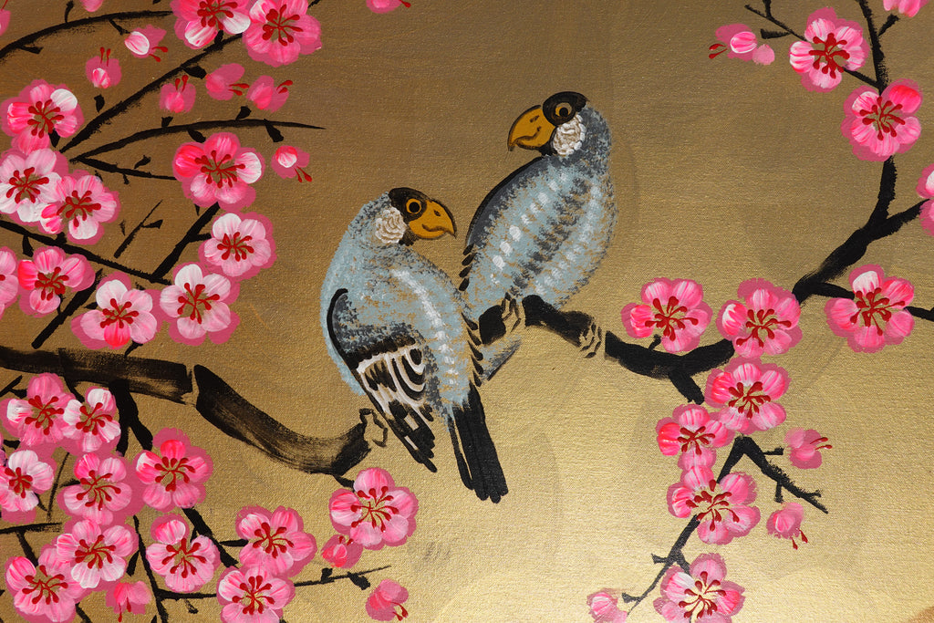Love Birds and pink Sakura J453 is a large Japanese gold horizontal Original Acrylic Painting on unstretched canvas by artist Ksavera.