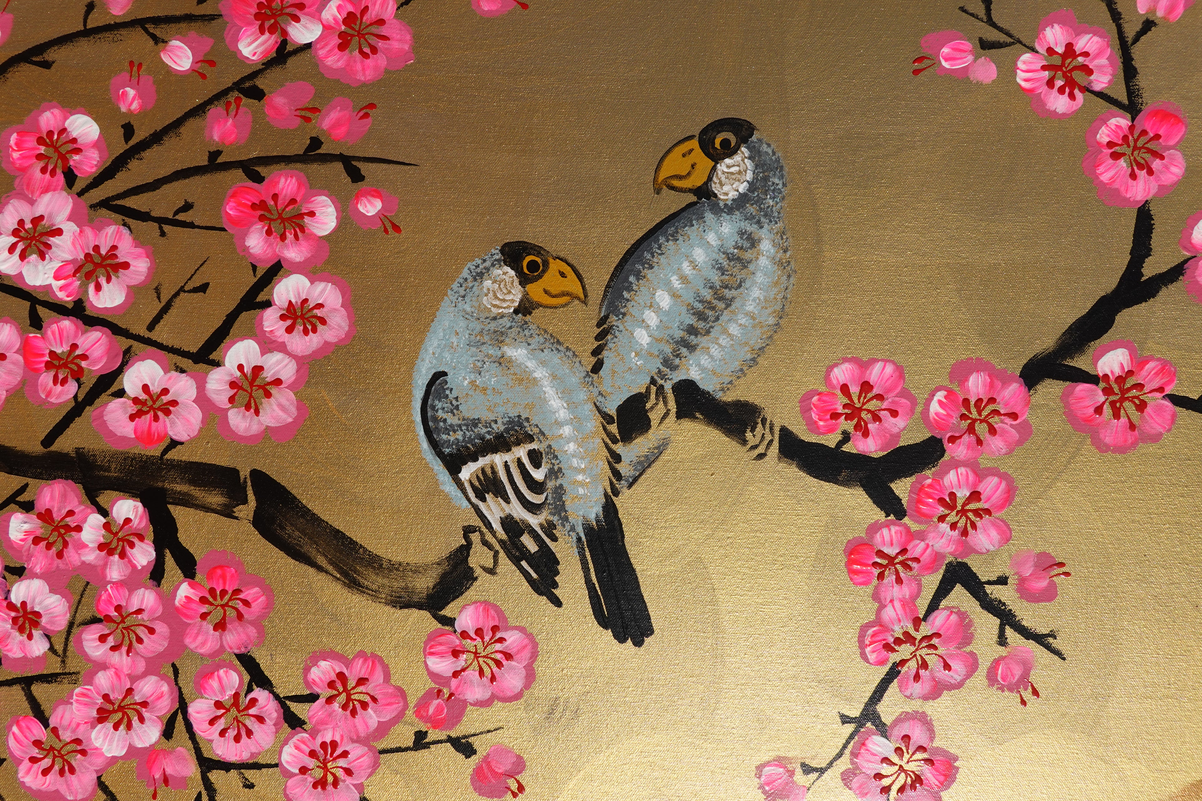 Love Birds and pink Sakura J453 is a large Japanese gold horizontal Original Acrylic Painting on unstretched canvas by artist Ksavera.