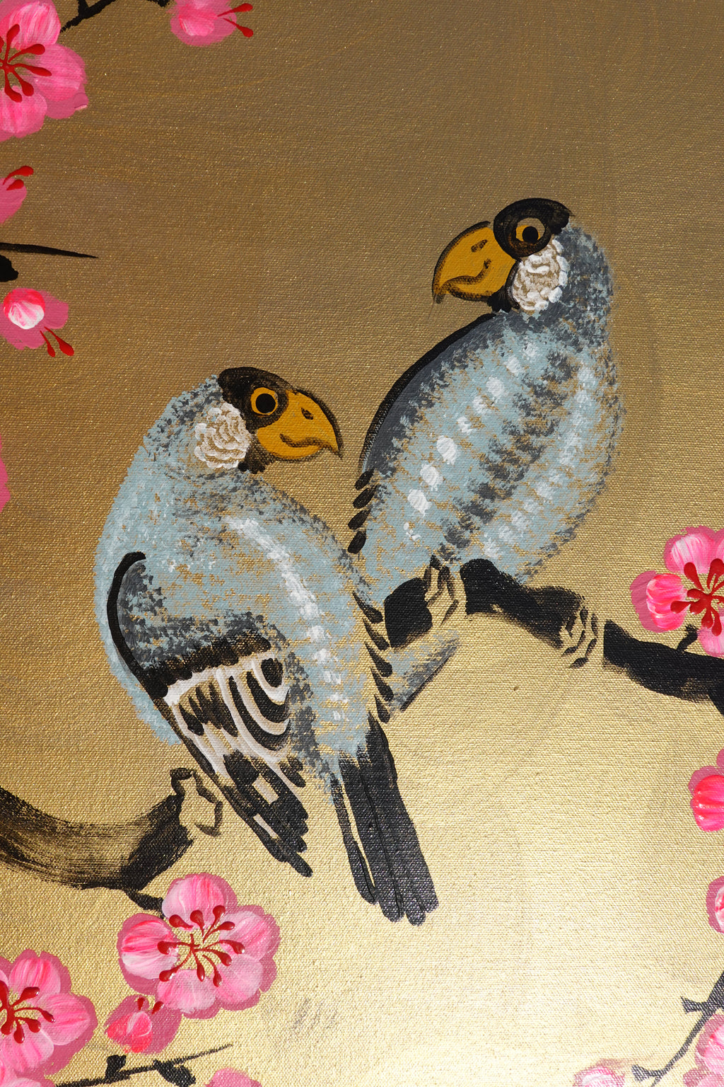 Love Birds and pink Sakura J453 is a large Japanese gold horizontal Original Acrylic Painting on unstretched canvas by artist Ksavera.
