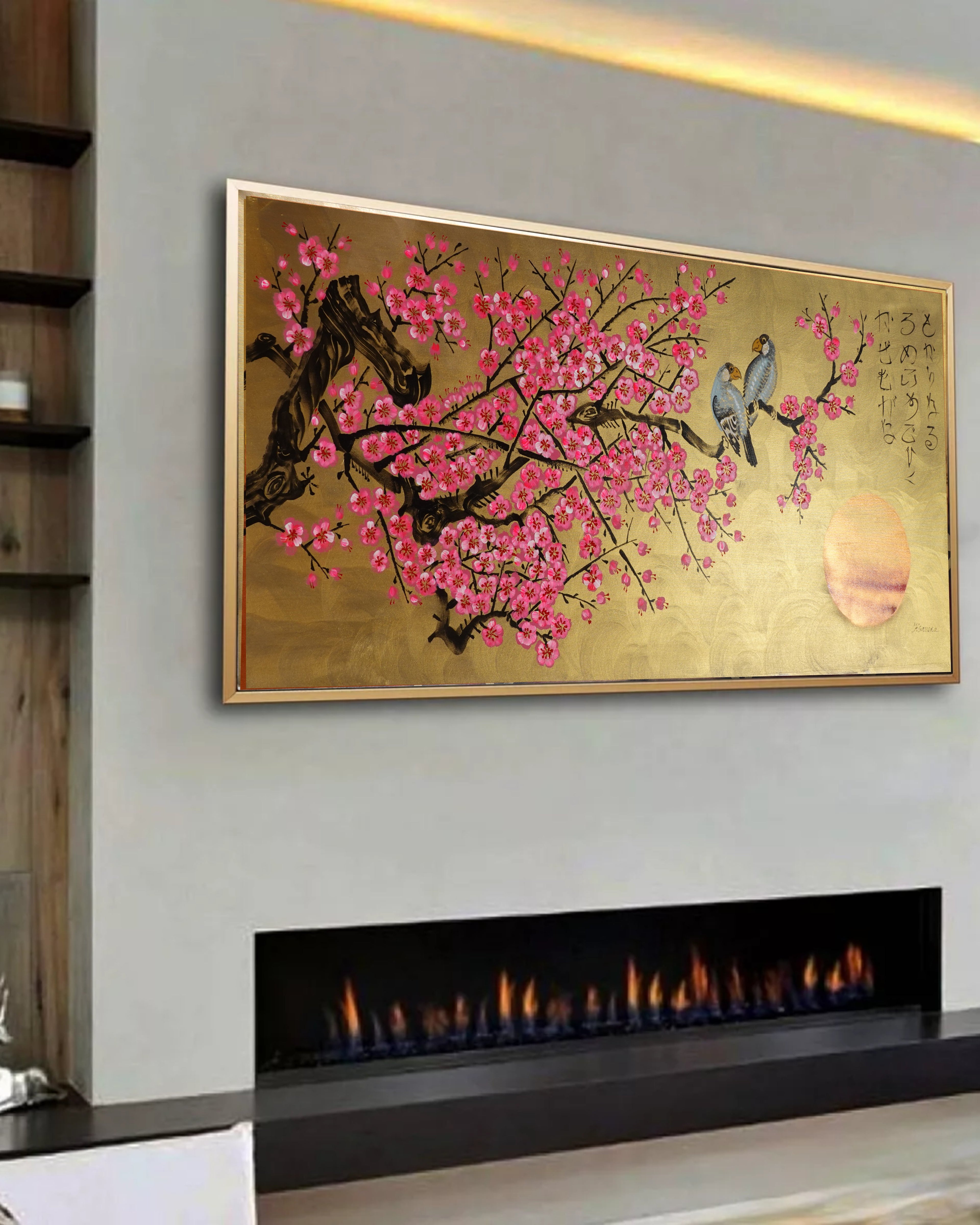 Love Birds and pink Sakura J453 is a large Japanese gold horizontal Original Acrylic Painting on unstretched canvas by artist Ksavera.