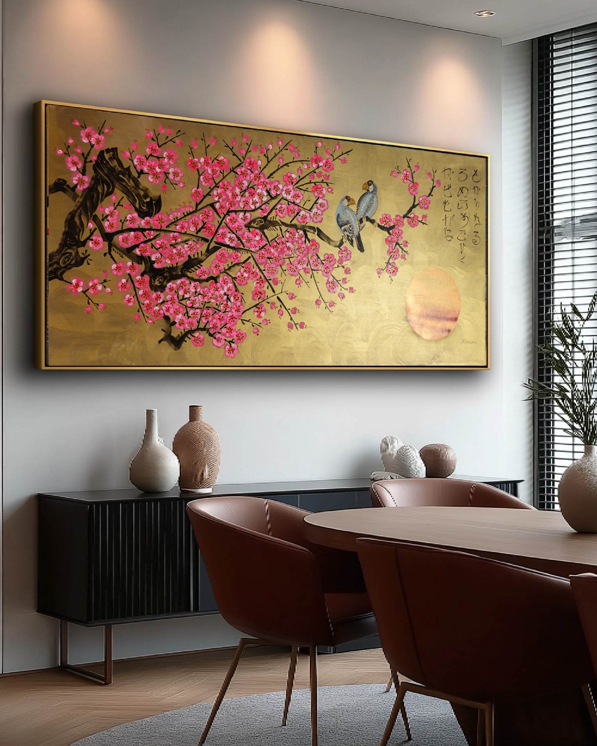 Love Birds and pink Sakura J453 is a large Japanese gold horizontal Original Acrylic Painting on unstretched canvas by artist Ksavera.