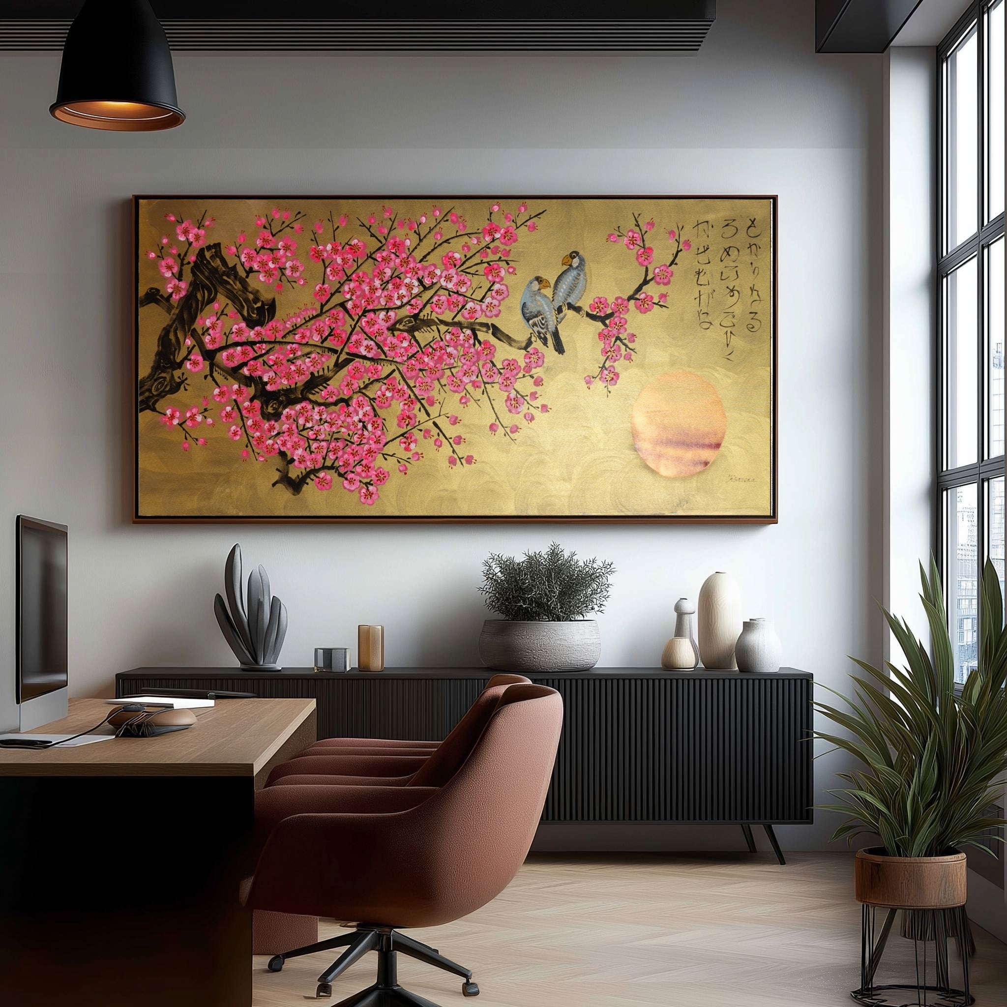 Love Birds and pink Sakura J453 is a large Japanese gold horizontal Original Acrylic Painting on unstretched canvas by artist Ksavera.