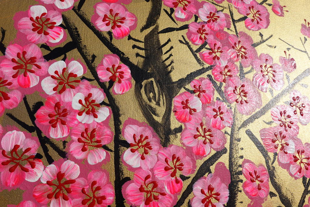 Love Birds and pink Sakura J453 is a large Japanese gold horizontal Original Acrylic Painting on unstretched canvas by artist Ksavera.