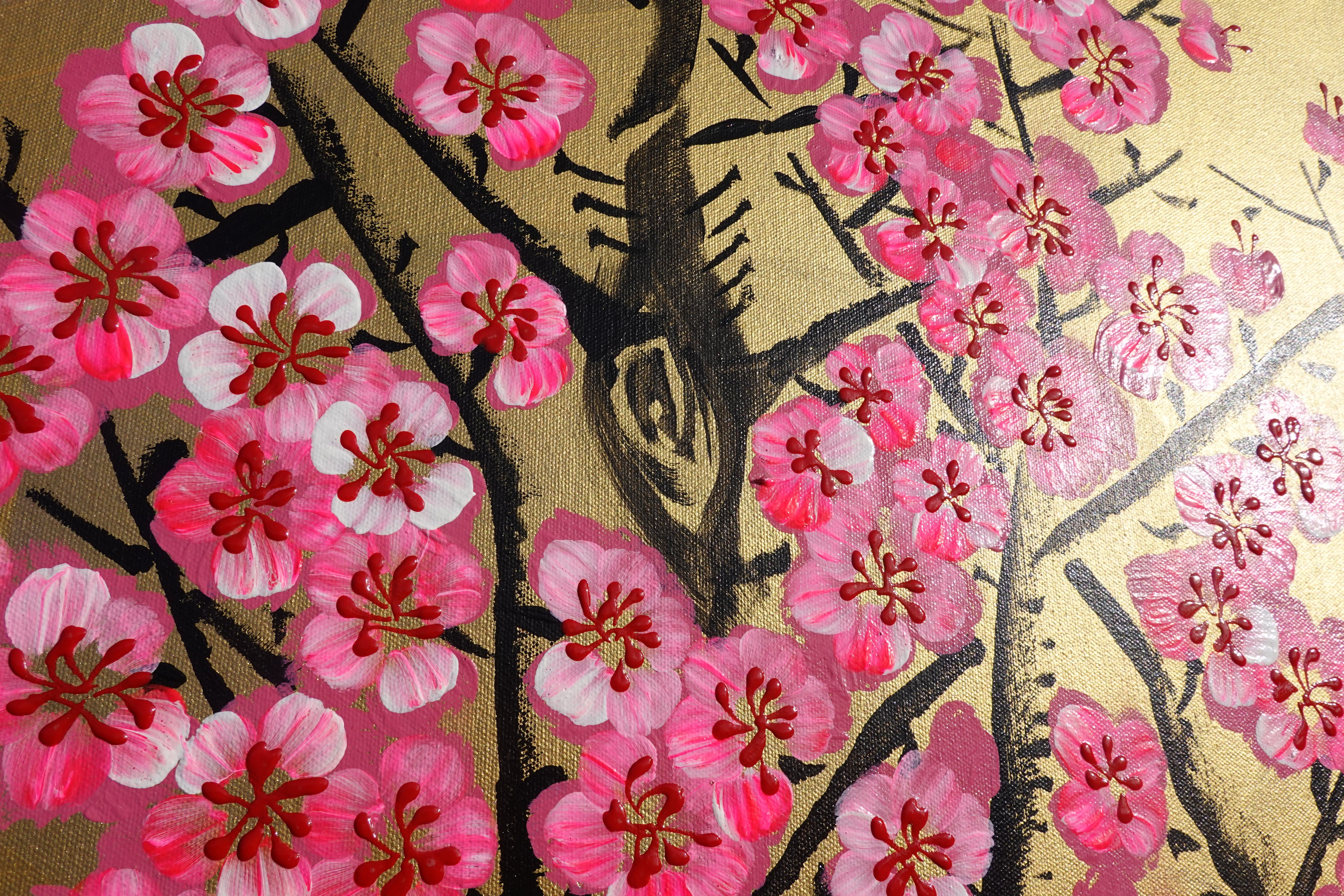 Love Birds and pink Sakura J453 is a large Japanese gold horizontal Original Acrylic Painting on unstretched canvas by artist Ksavera.