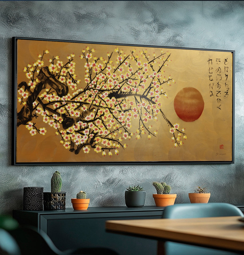 Japanese yellow Sakura J455 is a large-scale Japanese-inspired gold horizontal Original Acrylic Painting on unstretched canvas by artist Ksavera.