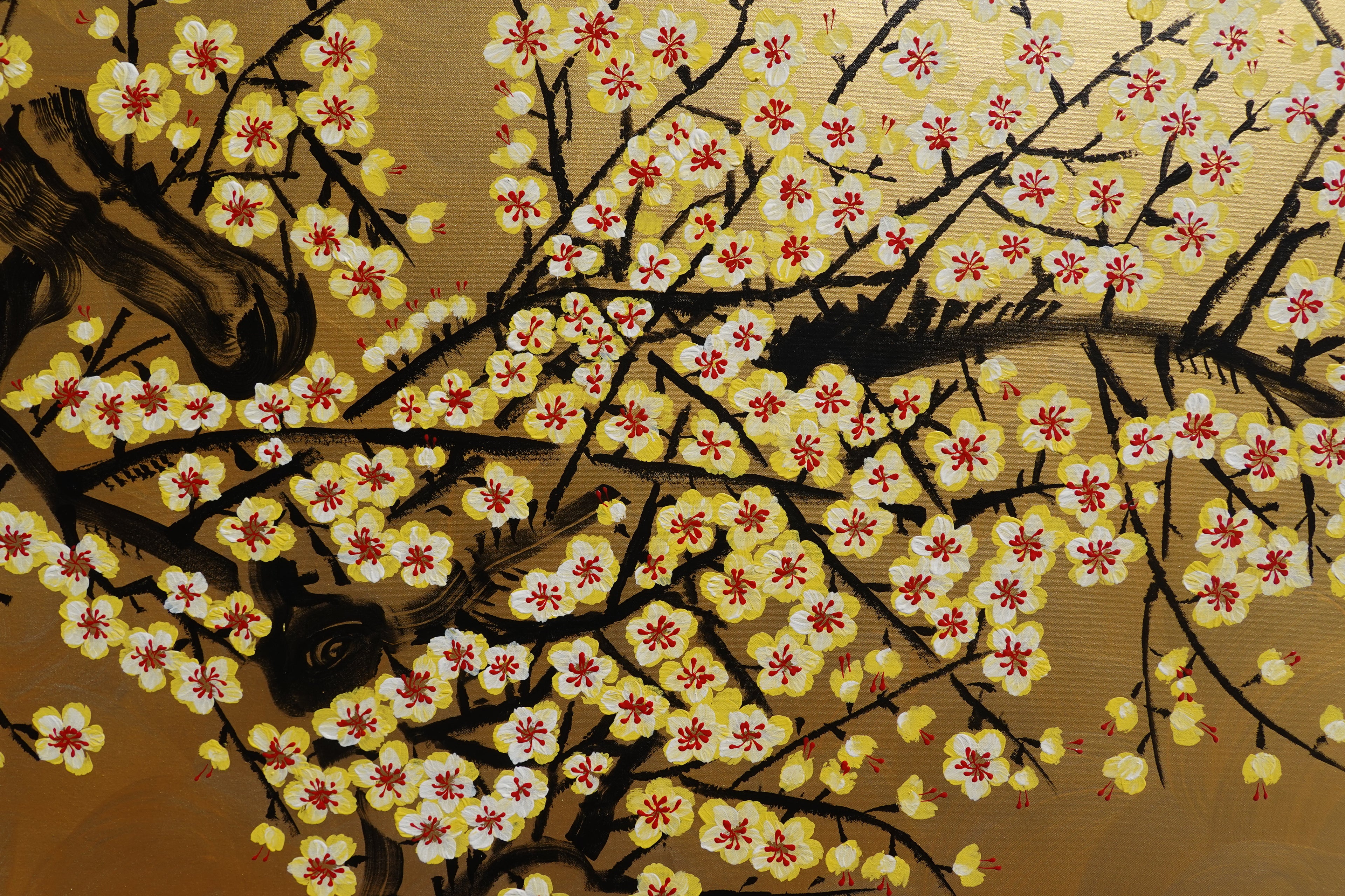 Japanese yellow Sakura J455 is a large-scale Japanese-inspired gold horizontal Original Acrylic Painting on unstretched canvas by artist Ksavera.