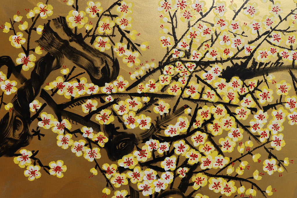 Japanese yellow Sakura J455 is a large-scale Japanese-inspired gold horizontal Original Acrylic Painting on unstretched canvas by artist Ksavera.