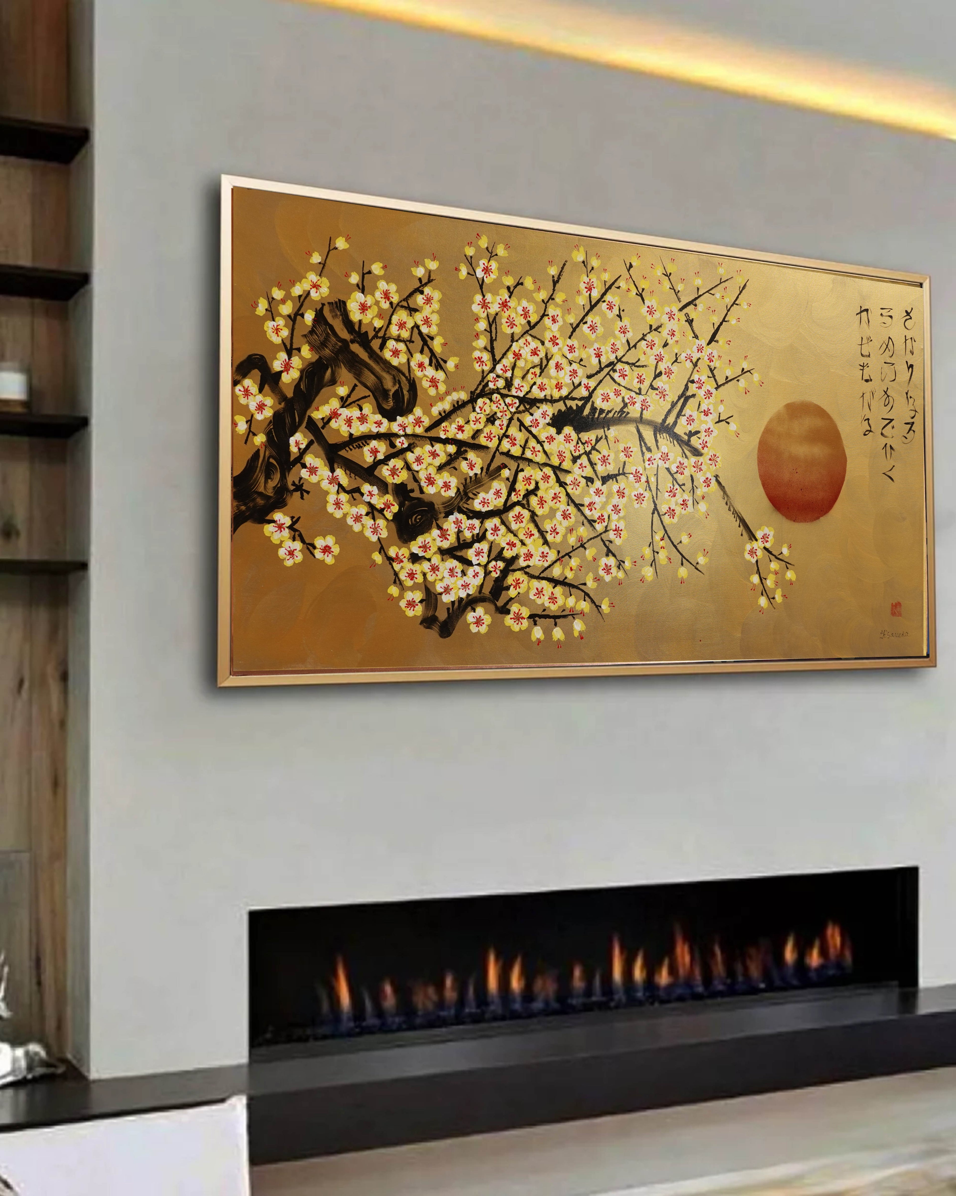 Japanese yellow Sakura J455 is a large-scale Japanese-inspired gold horizontal Original Acrylic Painting on unstretched canvas by artist Ksavera.