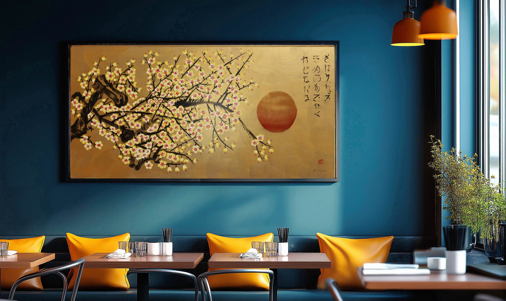 Japanese yellow Sakura J455 is a large-scale Japanese-inspired gold horizontal Original Acrylic Painting on unstretched canvas by artist Ksavera.