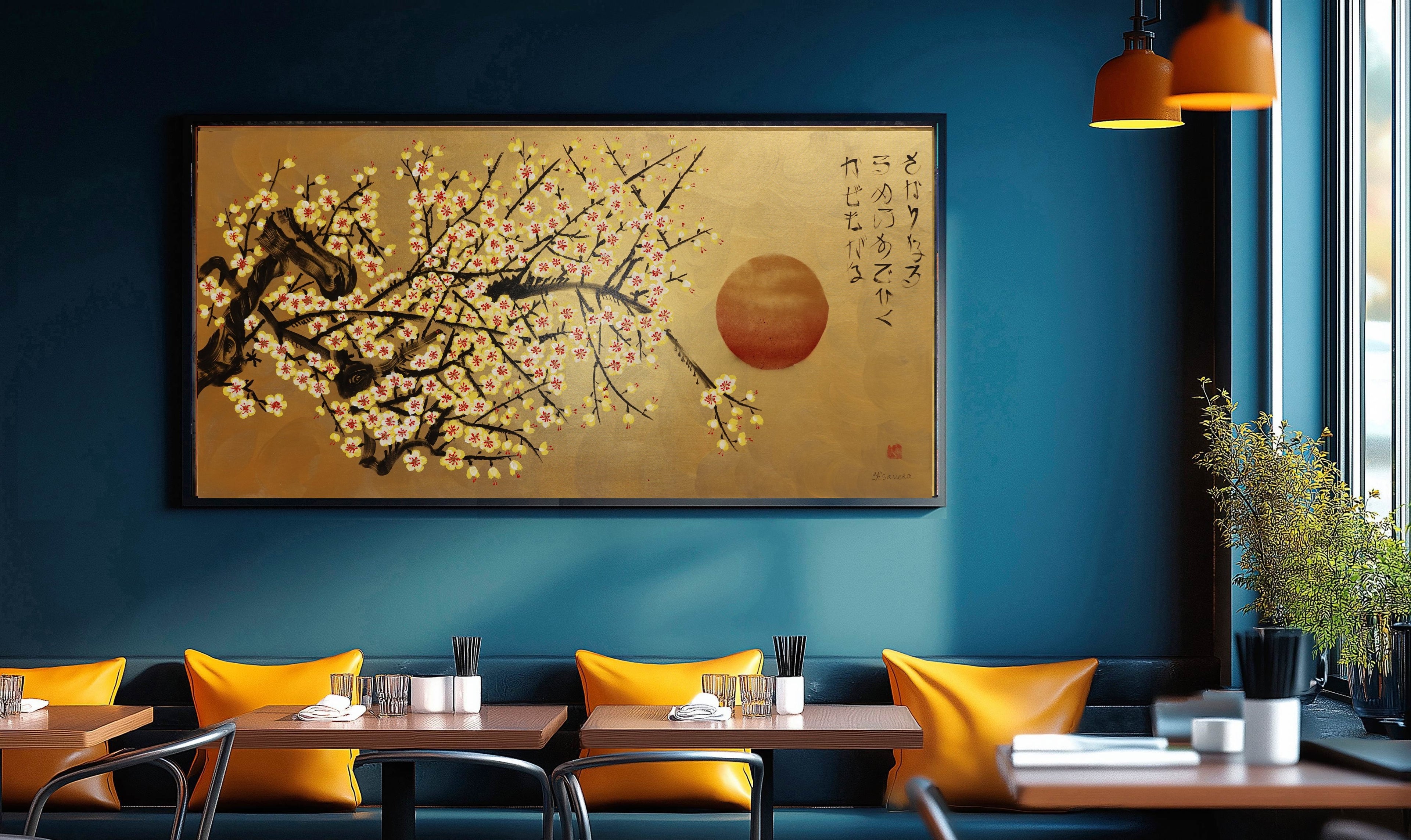 Japanese yellow Sakura J455 is a large-scale Japanese-inspired gold horizontal Original Acrylic Painting on unstretched canvas by artist Ksavera.