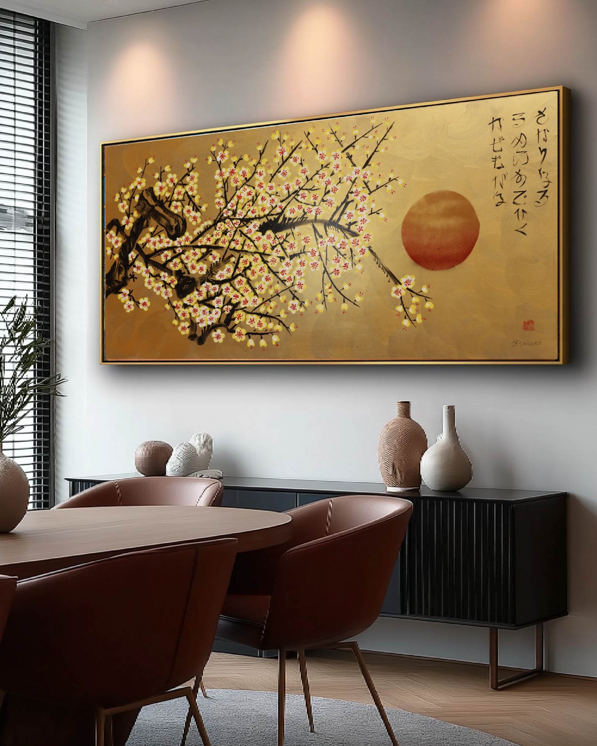 Japanese yellow Sakura J455 is a large-scale Japanese-inspired gold horizontal Original Acrylic Painting on unstretched canvas by artist Ksavera.