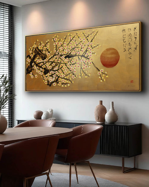 Japanese yellow Sakura J455 is a large-scale Japanese-inspired gold horizontal Original Acrylic Painting on unstretched canvas by artist Ksavera.