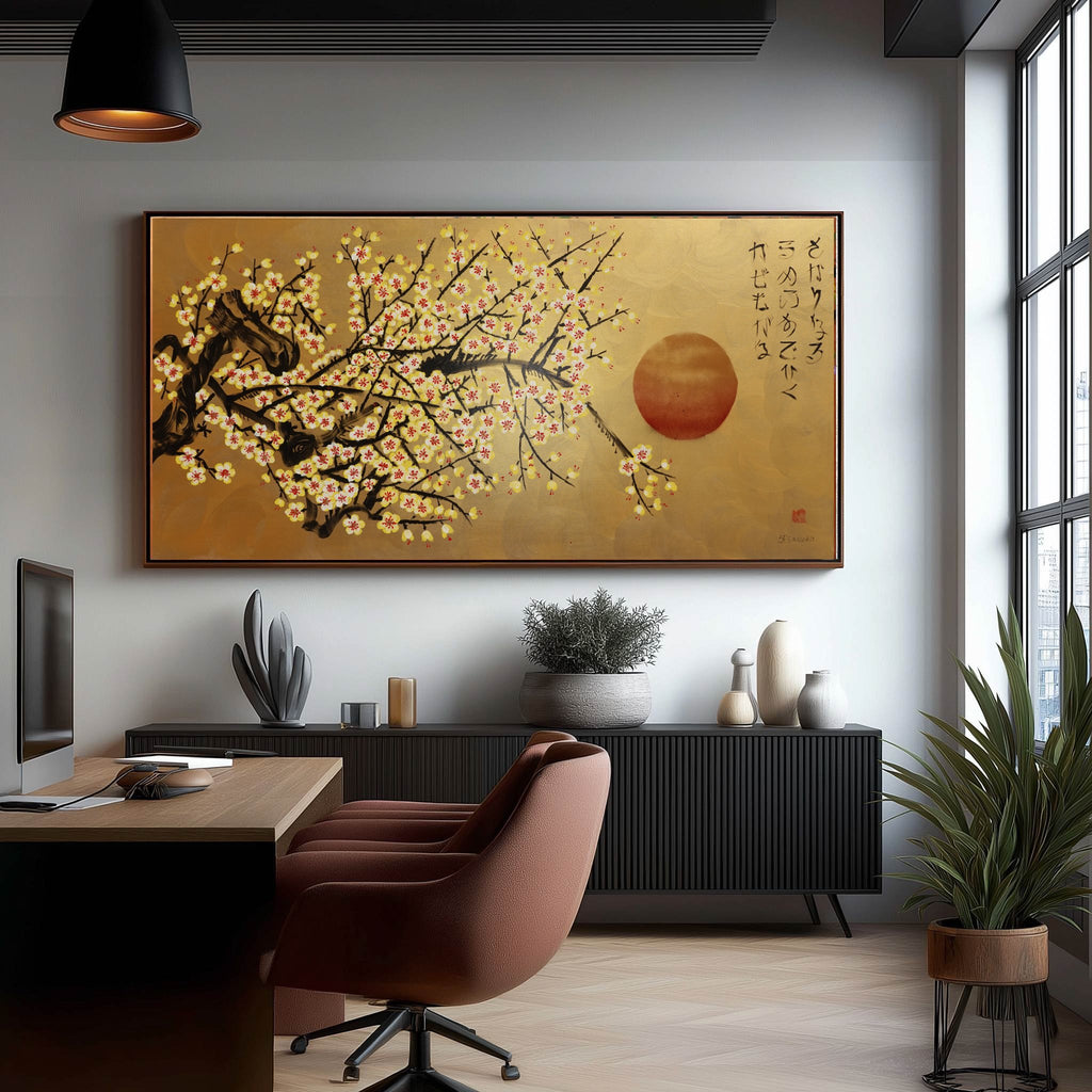 Japanese yellow Sakura J455 is a large-scale Japanese-inspired gold horizontal Original Acrylic Painting on unstretched canvas by artist Ksavera.